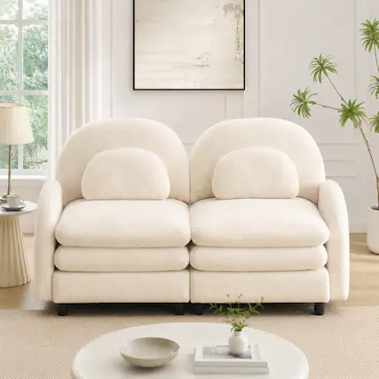 Front. Anysun - Teddy Fabric Cloud-Like Loveseat Sofa: Curved Back, Armrest, Lumbar Pillows, Modular 2-Seater, Double-Layer Cushion - Beige White.