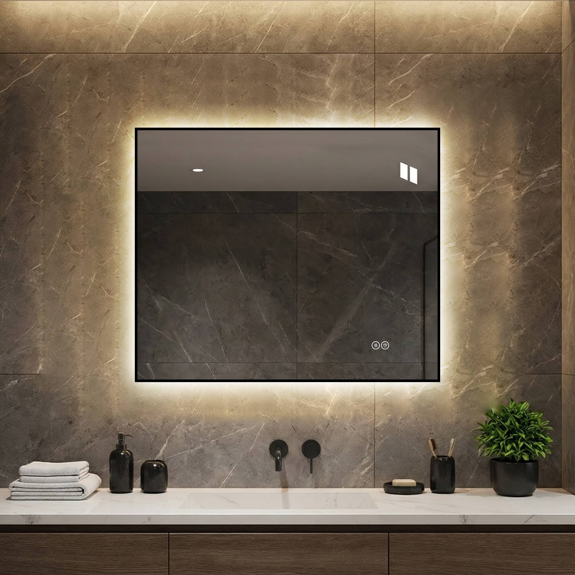 Angle. Boyel Living - 30 in x 36 in Aluminum-Framed LED Backlit Bathroom Mirror with Anti-Fog - Silver.