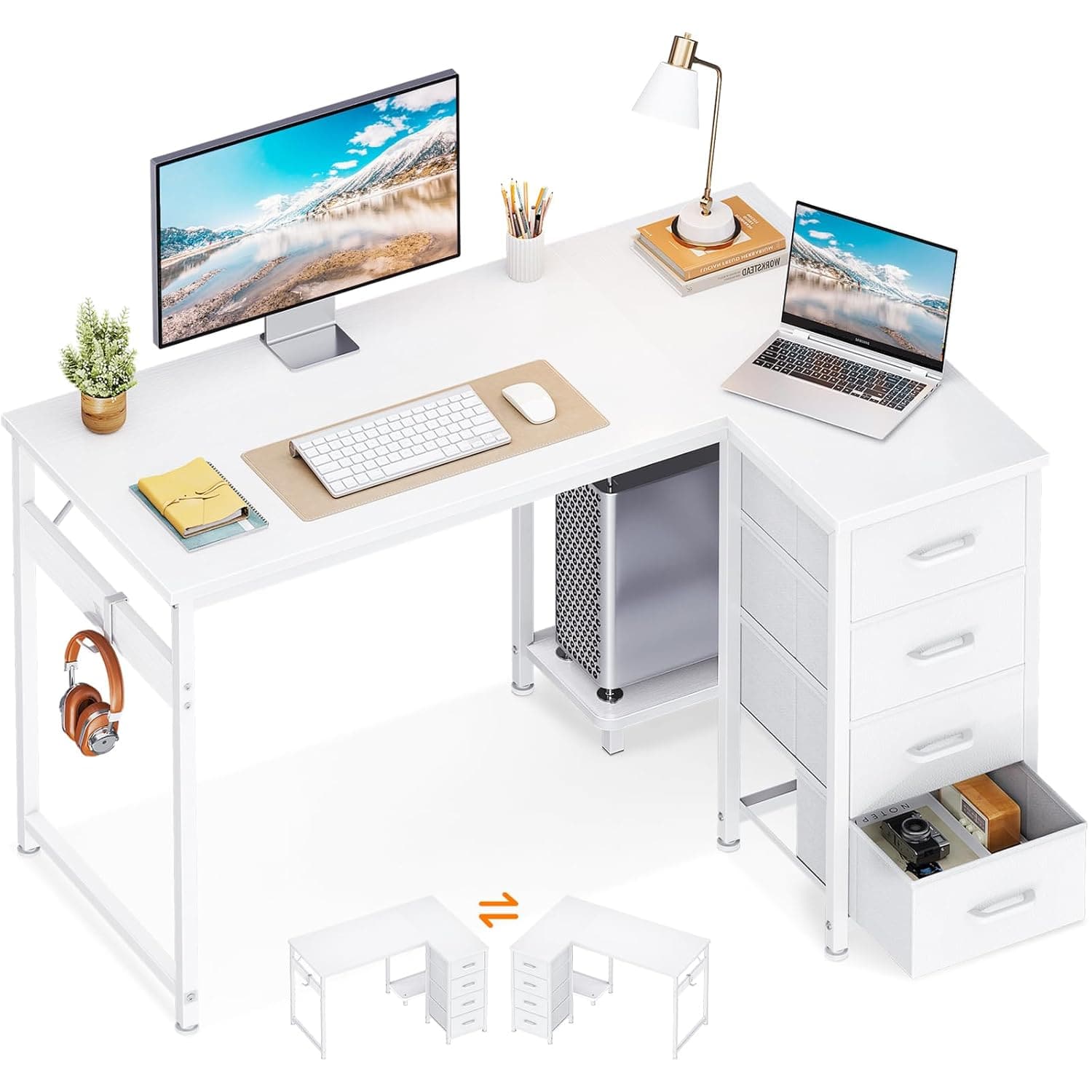 Zell Electronics - 40 Inch L-Shaped DeskFour Drawer Corner Table with CPU Stand & Hook for Home or Study - White