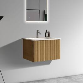 Boyel Living - 24 Inch Striped Natural Oak Wall Mounted Floating Bathroom Vanity with White Ceramic Sink, Modern Style, Pre-Assembled - White+Oak