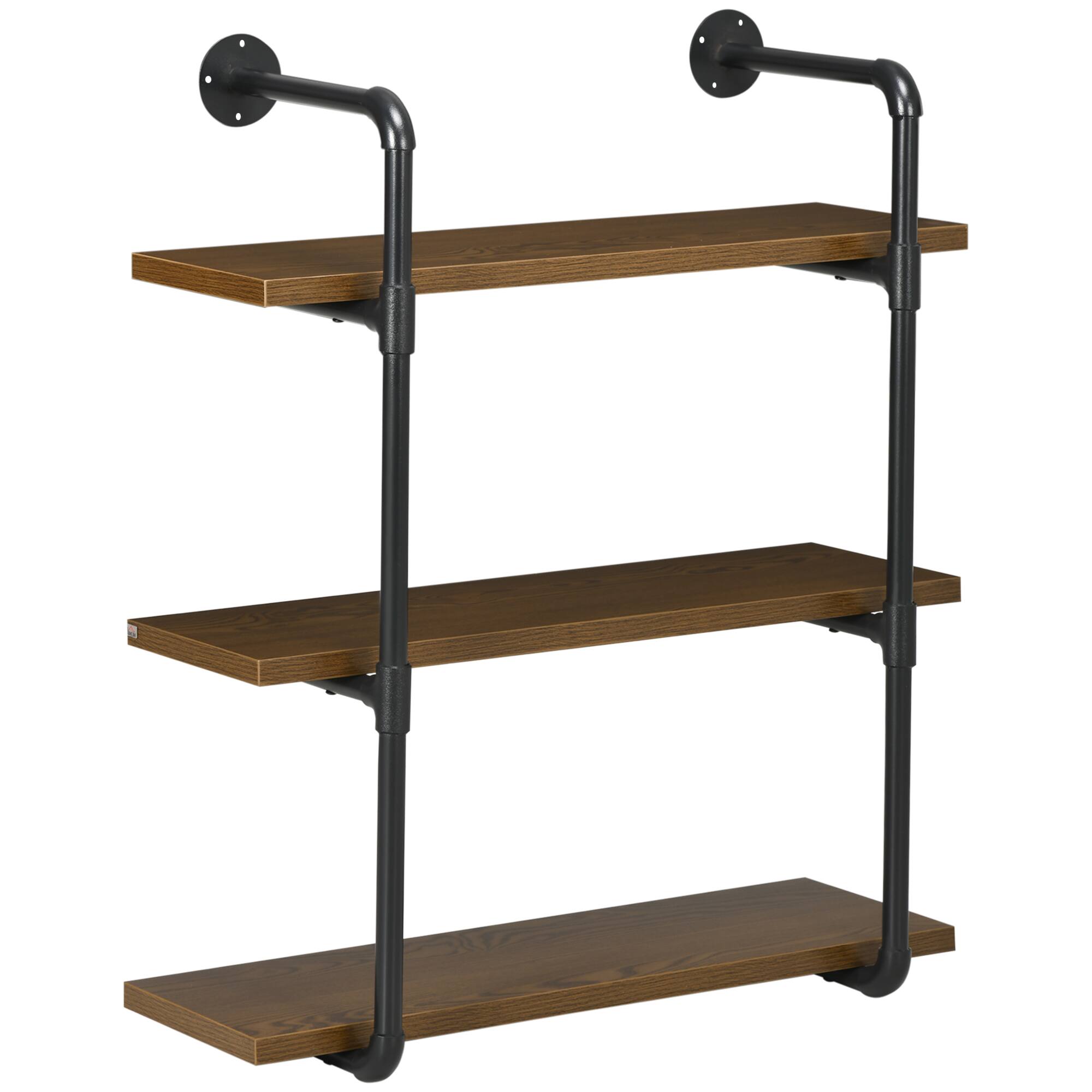 Front. Homcom - 3-Tier Industrial Pipe Shelves, Floating Wall Mounted Bookshelf, Metal Frame - Brown.