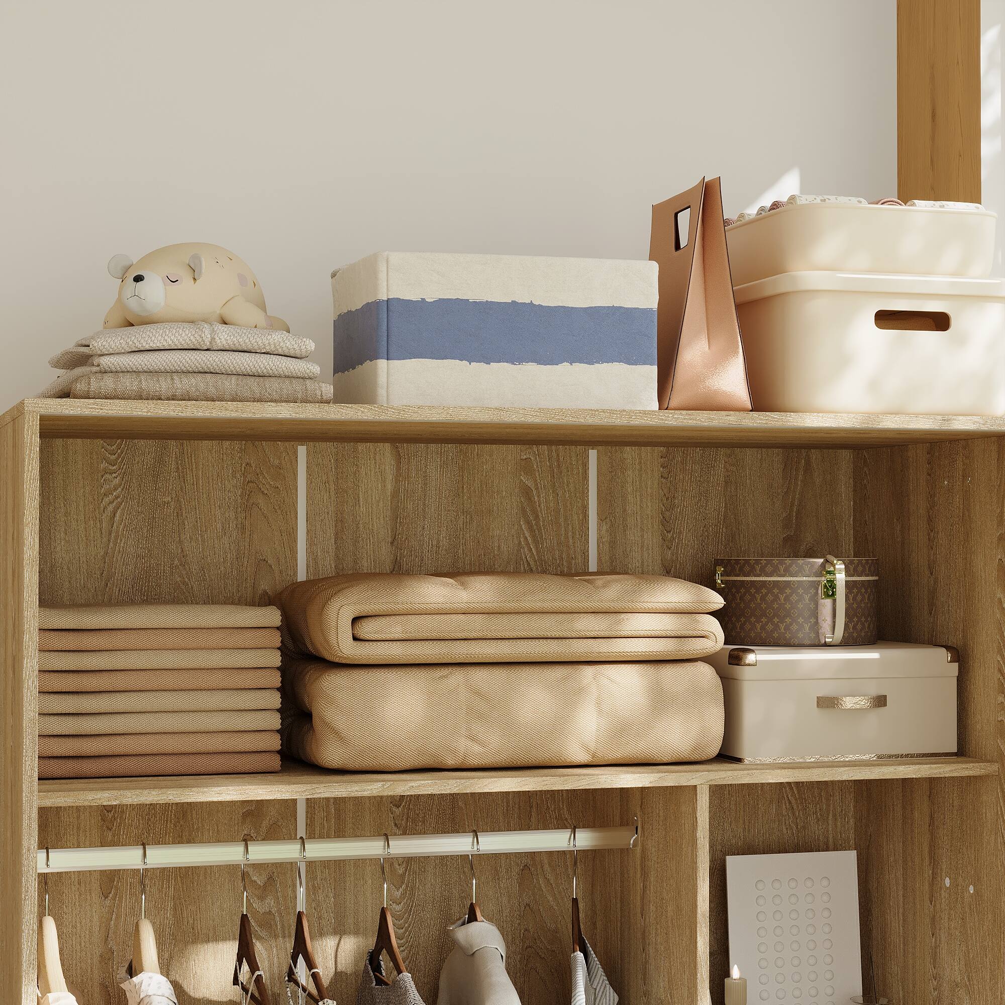 Alt View 2. Famapy - Sliding Door Wardrobe with Smart Storage Zones for Small Spaces Bedroom Closet Organizer - White & Wooden.