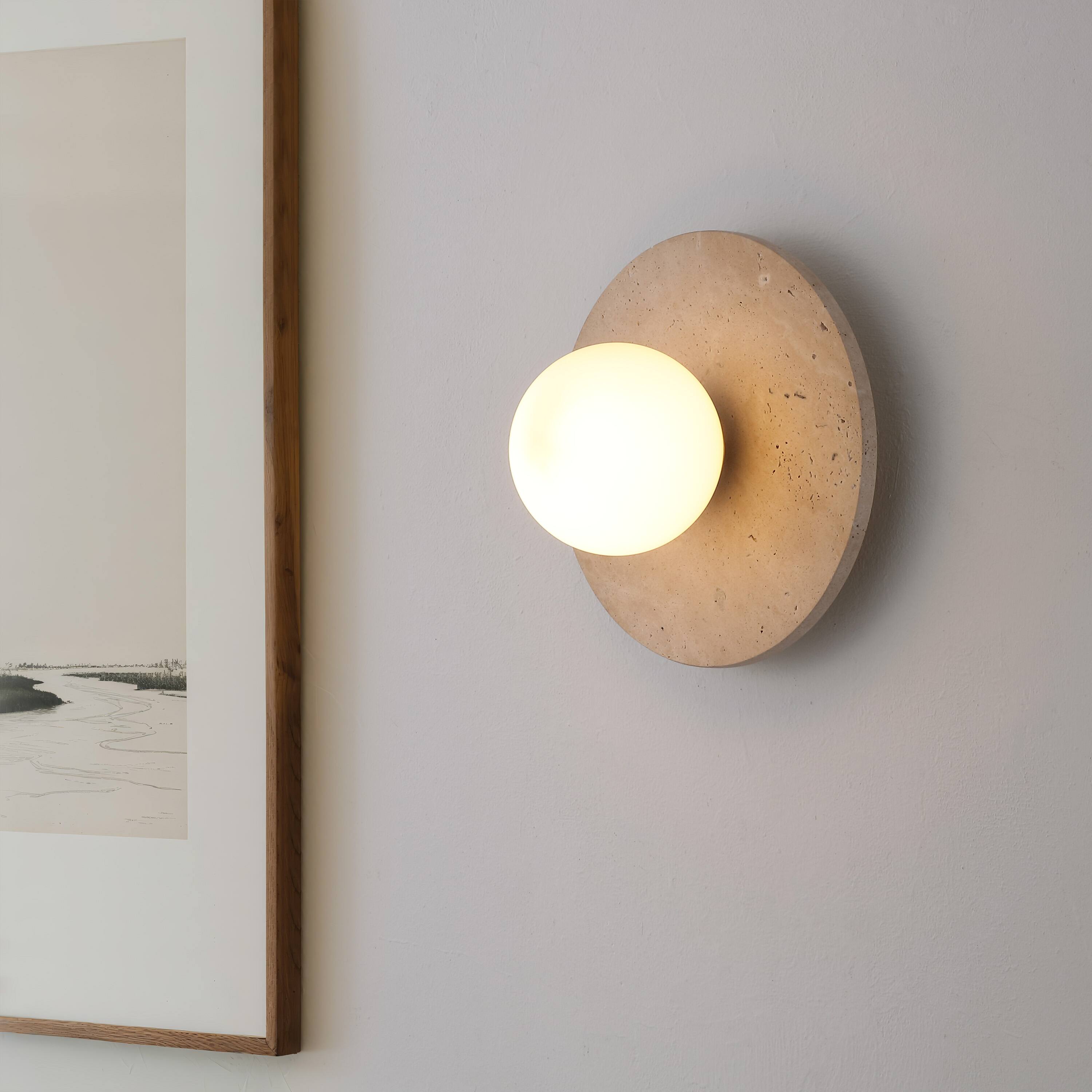 Alt View 1. Jonathan Y - Tivoli 9.75" Modern Minimalist 1-Light Ovoid Travertine LED Wall Sconce, Light Brown - Light Brown/Brass Gold.