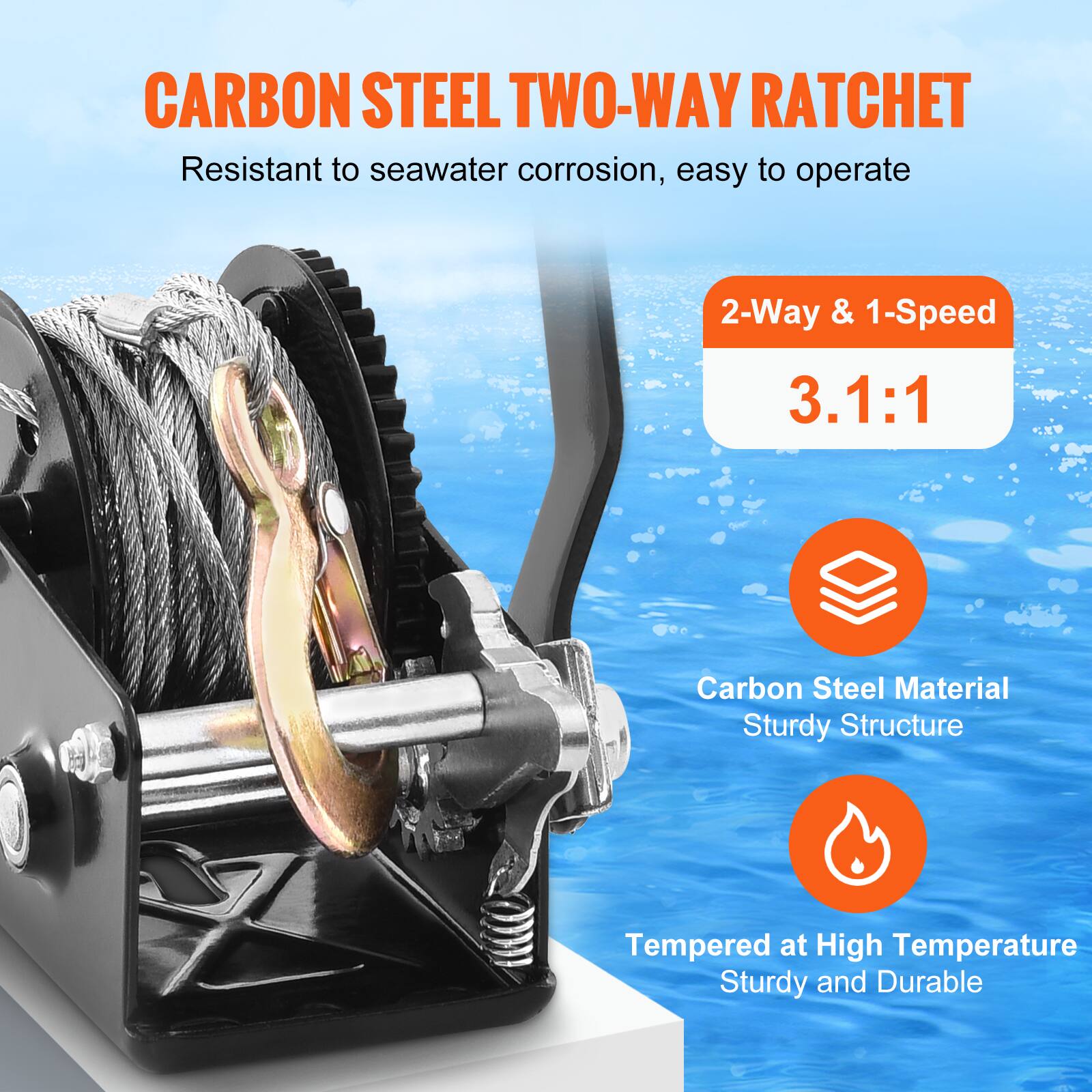 CARBON STEEL TWO-WAY RATCHET  
Resistant to seawater corrosion, easy to operate  

2-Way & 1-Speed  
3.1:1  

Carbon Steel Material  
Sturdy Structure  

Tempered at High Temperature  
Sturdy and Durable