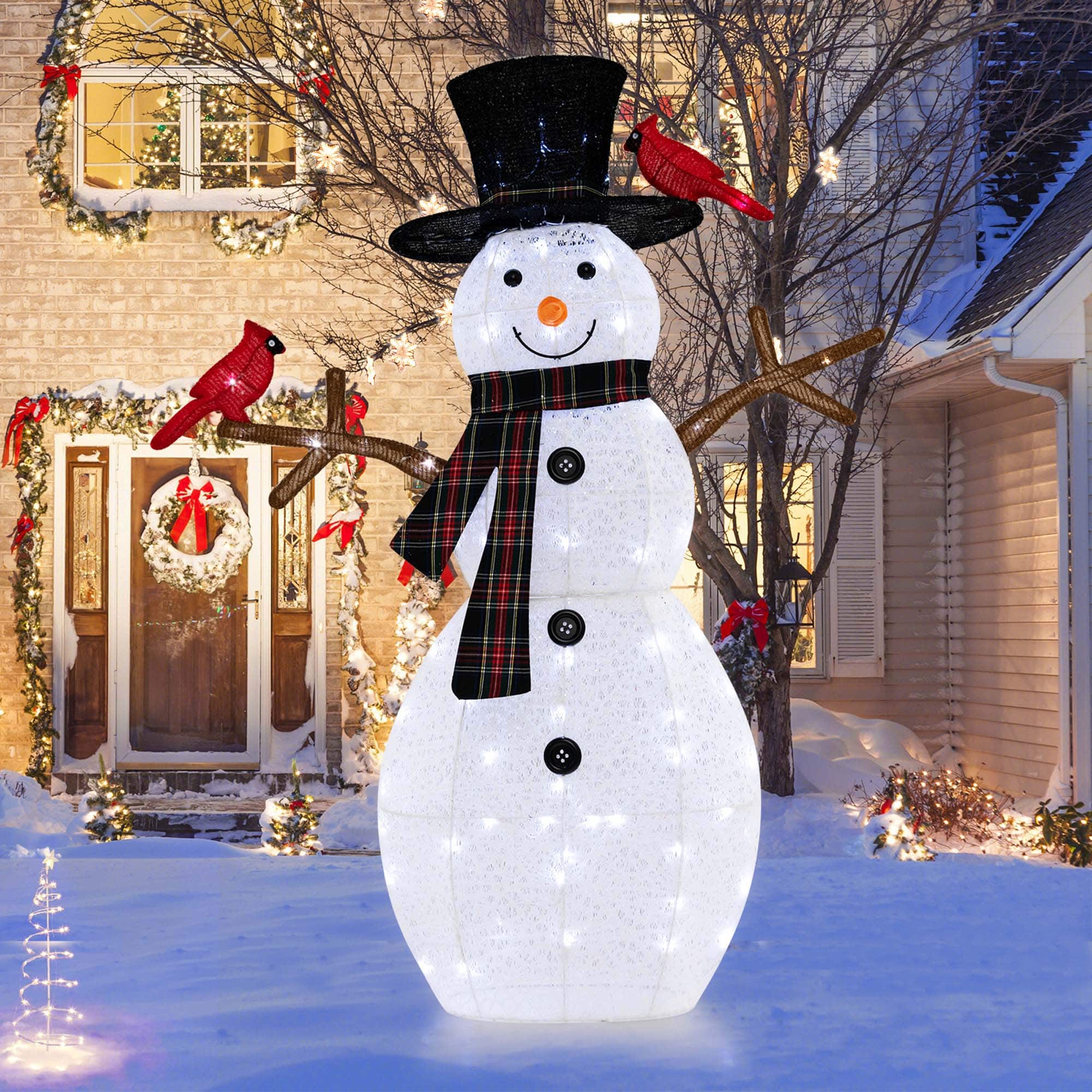Front. Costway - 4.2 FT Pre-Lit Snowman & Redbirds Christmas Decoration with LED Lights Holiday - Multicolor.