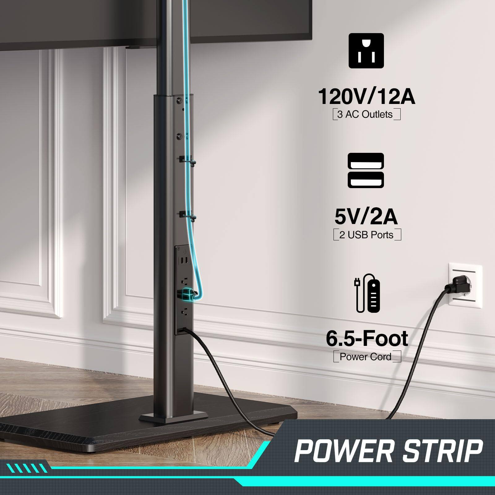 120V/12A  
3 AC Outlets  

5V/2A  
2 USB Ports  

6.5-Foot Power Cord  

POWER STRIP