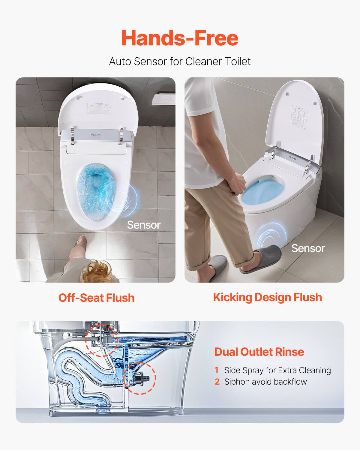Hands-Free Auto Sensor for Cleaner Toilet

Off-Seat Flush
Kicking Design Flush
Dual Outlet Rinse
1. Side Spray for Extra Cleaning
2. Siphon avoid backflow