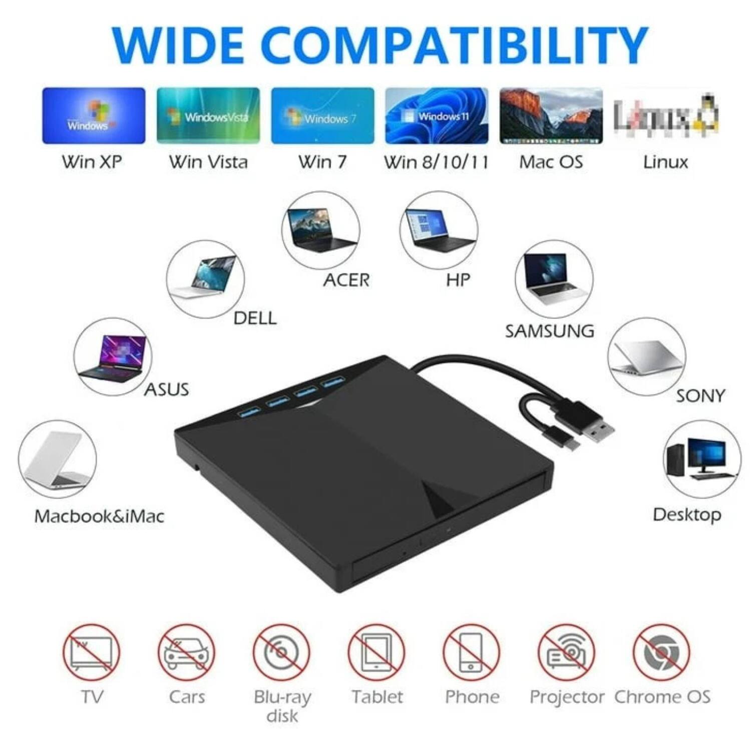 WIDE COMPATIBILITY

- Windows XP
- Windows Vista
- Windows 7
- Windows 8/10/11
- Mac OS
- Linux

- Acer
- Dell
- HP
- Samsung
- Asus
- Sony
- Macbook & iMac
- Desktop

- TV
- Cars
- Blu-ray disk
- Tablet
- Phone
- Projector
- Chrome OS