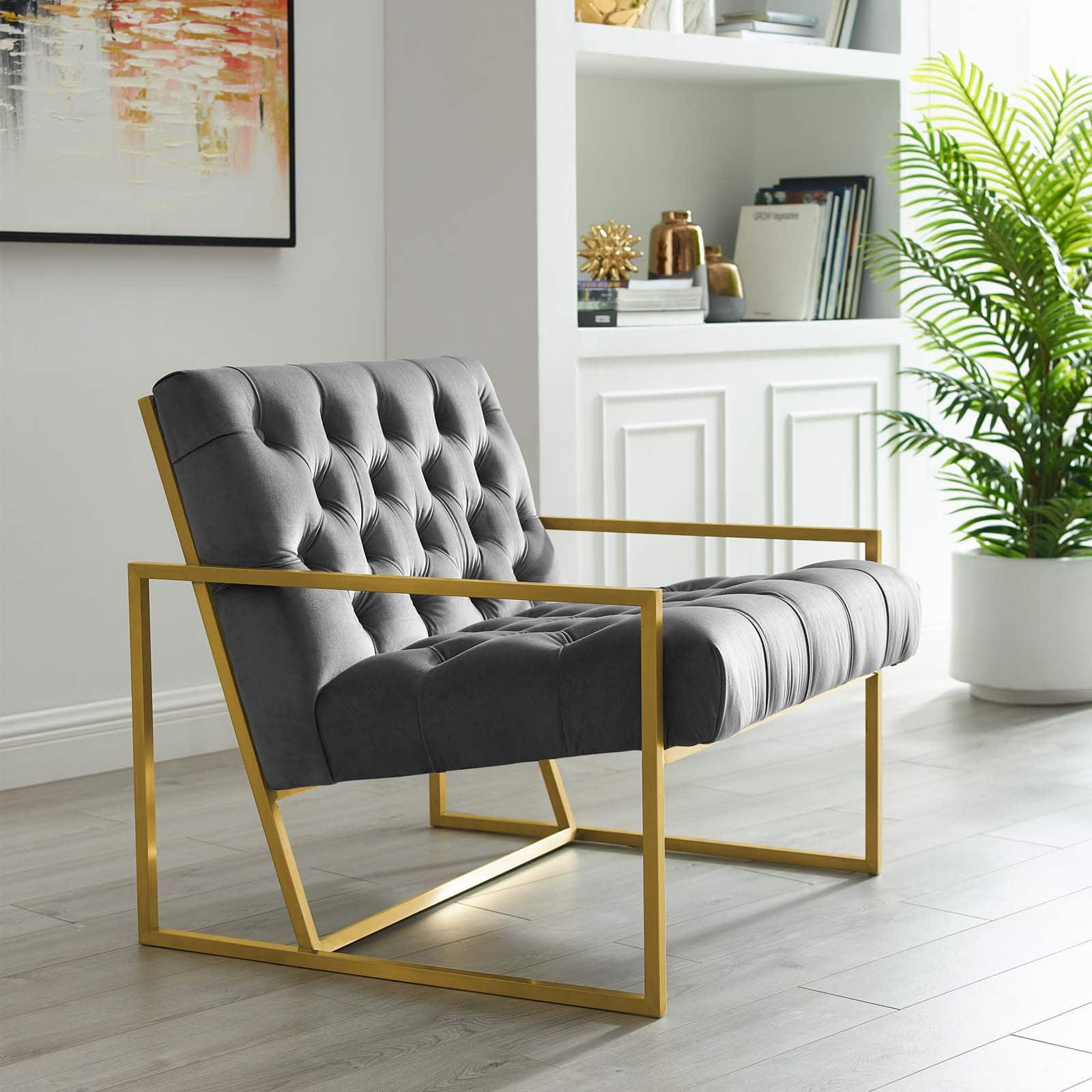Bequest Gold Stainless Steel Performance Velvet Accent Chair by Modway - Gray