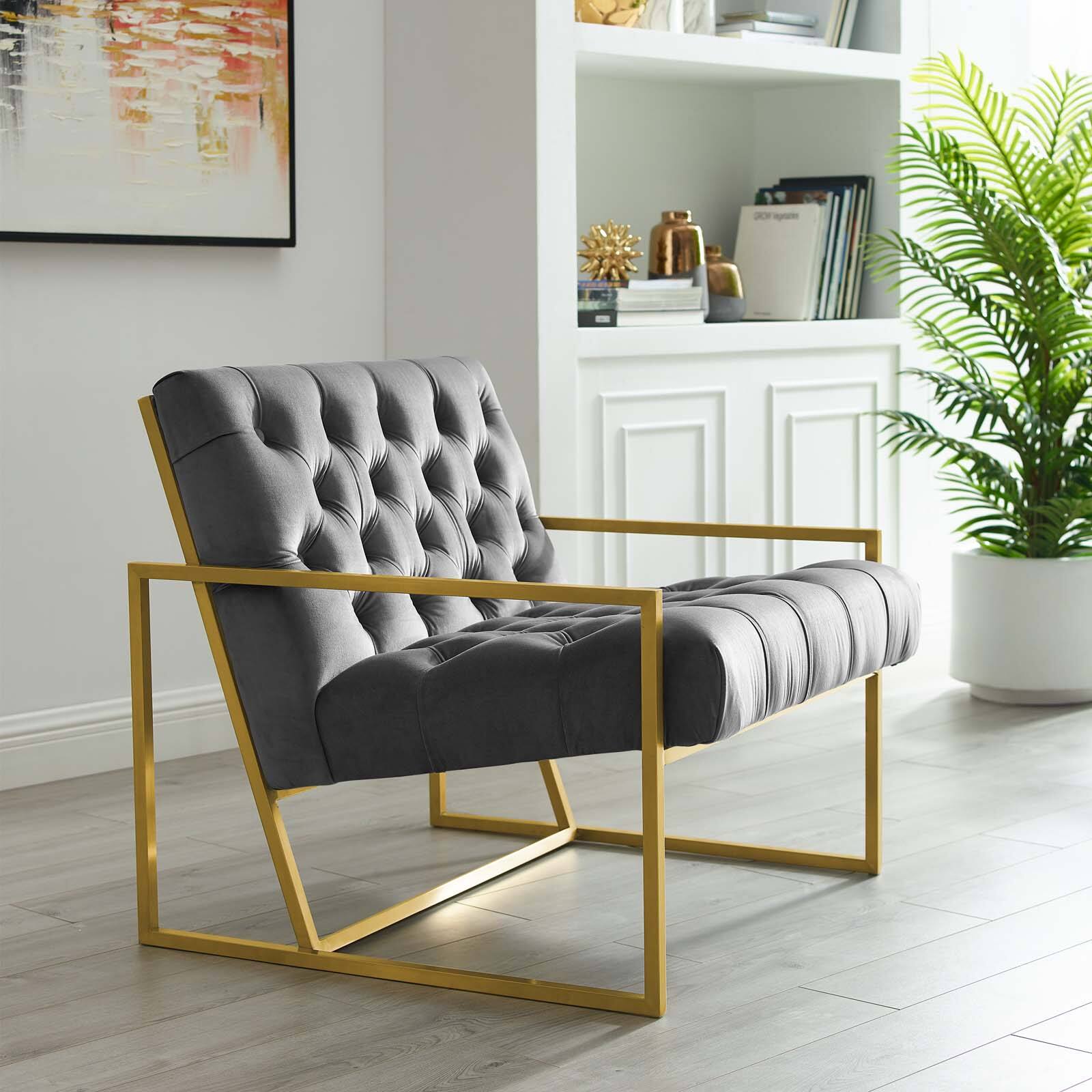 Front. Modway - Bequest Gold Stainless Steel Performance Velvet Accent Chair by Modway - Gray.