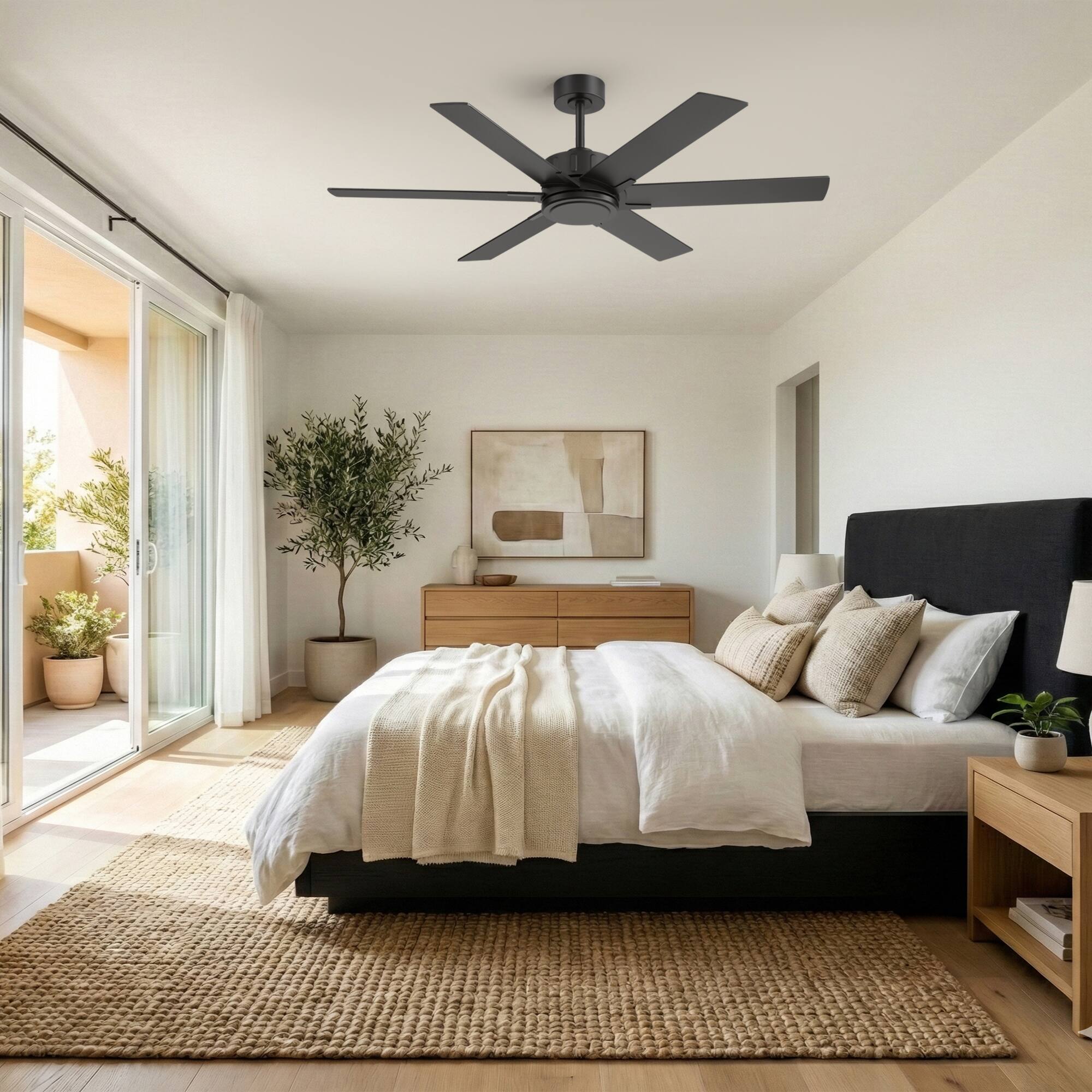 Alt View 1. Breezary - 56-Inch Modern Versatile Ceiling Fan with 6 Plywood Blades, DC Motor, 6-Speed Remote, Timer, Downrod Mount - 56-Inch Black and Walnut.