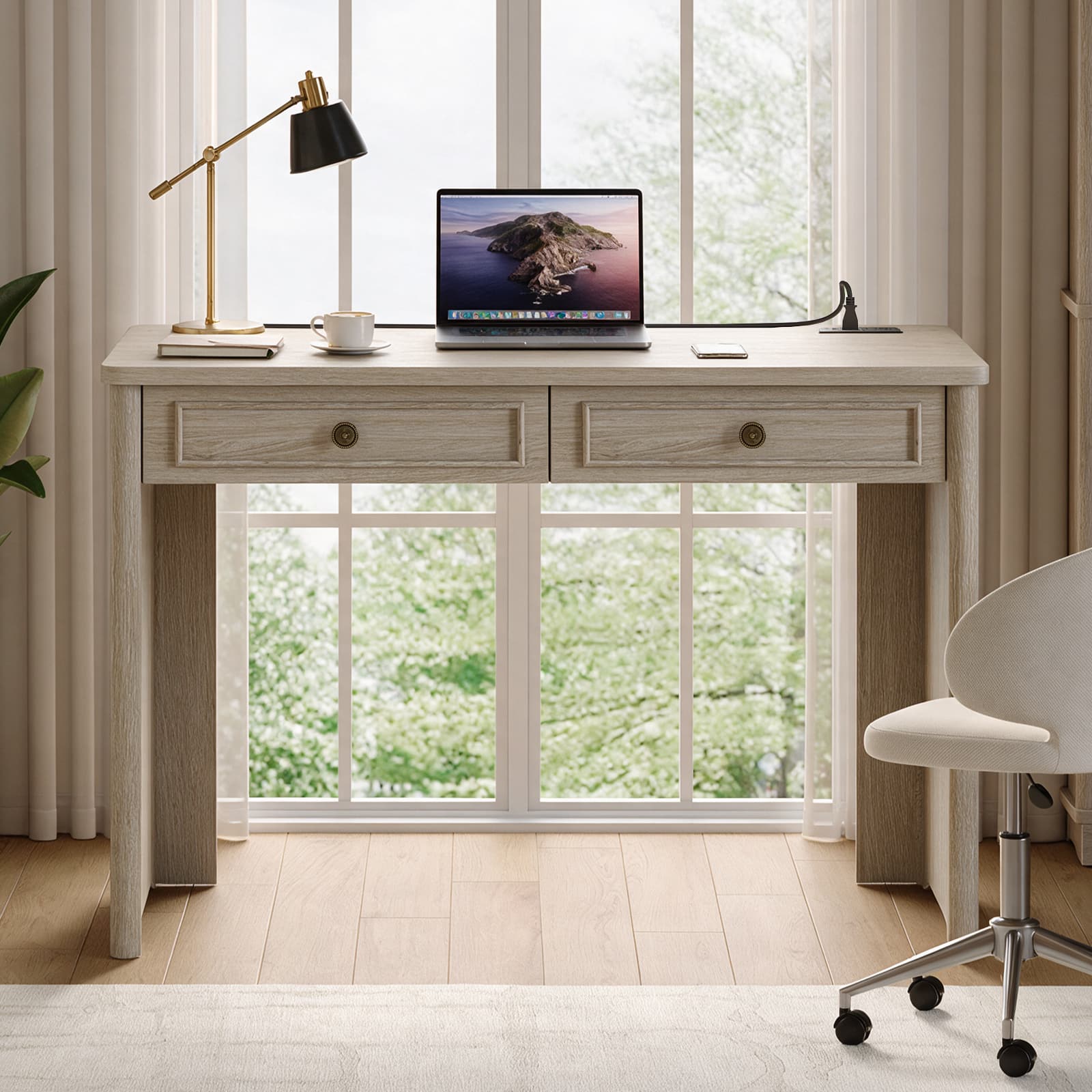 Front. Bestier - Bestier 47 Inch Writing Desk with Power Outlet 2 Soft Close Storage Drawers for Home Office - Sunlit Oak.