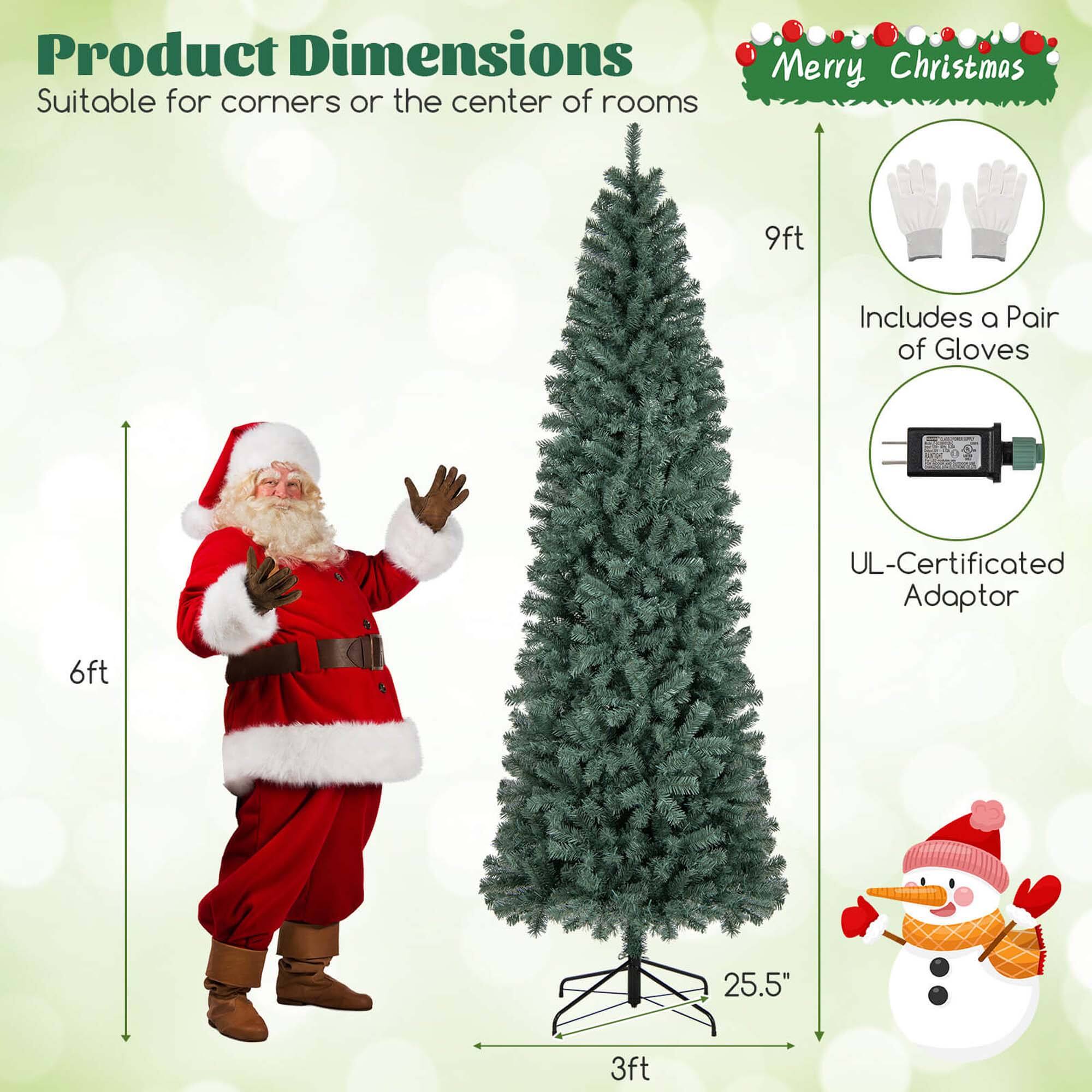 Product Dimensions: Suitable for corners or the center of rooms. Merry Christmas. 9ft. Includes a Pair of Gloves. UL-Certificated Adaptor. 6ft. 25.5". 3ft.