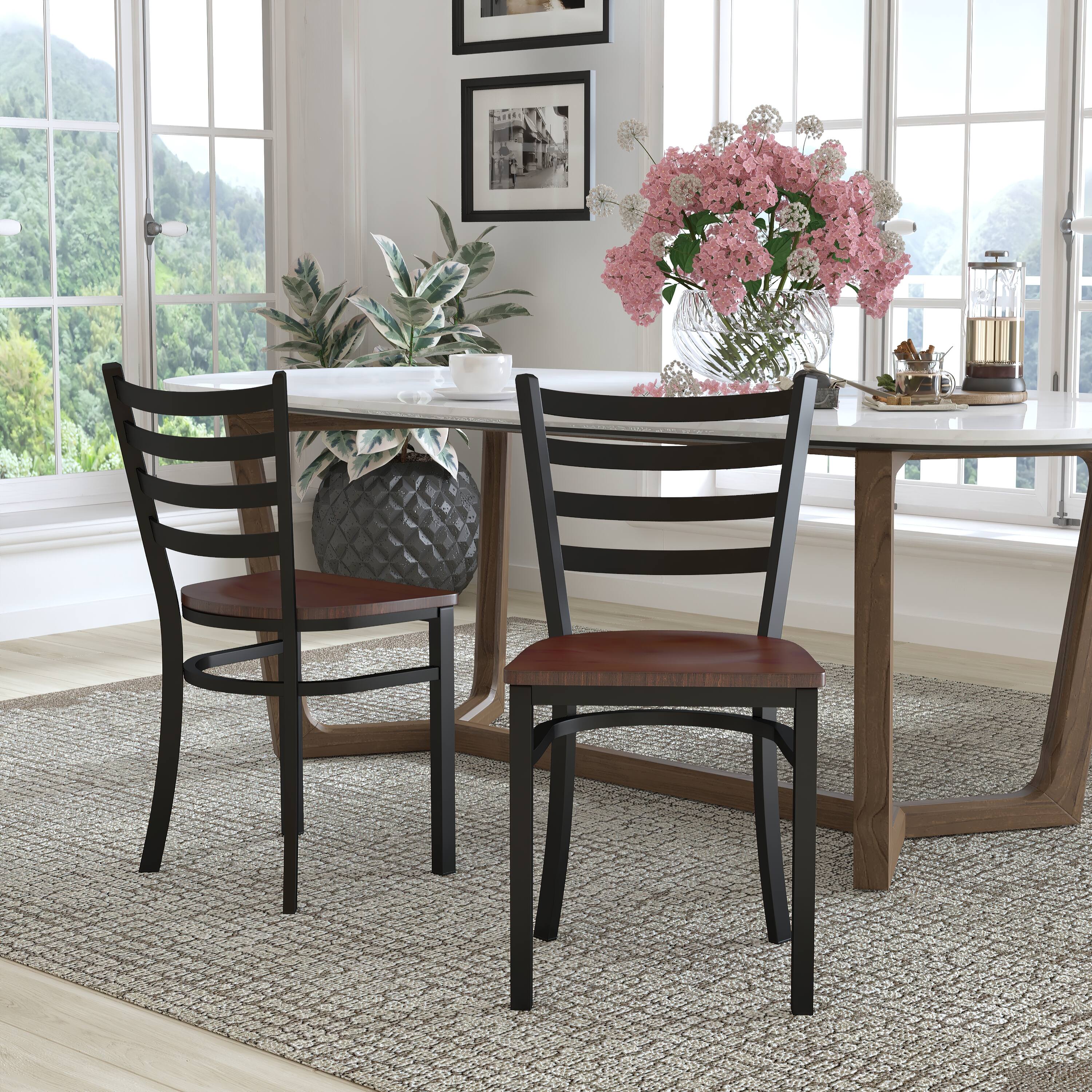Alt View 2. Emma + Oliver - 2 Pack Ladder Back Metal Restaurant Chair - Mahogany Wood Seat/Black Metal Frame.