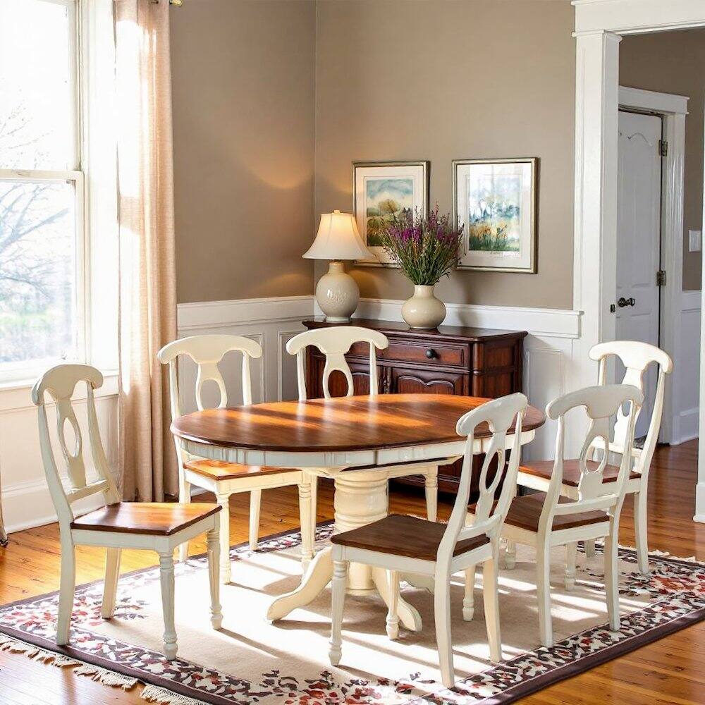 Alt View 4. FurniFact - Oval Dining Table Set for 6, Kitchen Table Chairs Set of 7 Pcs in White - Buttermilk & Cherry.