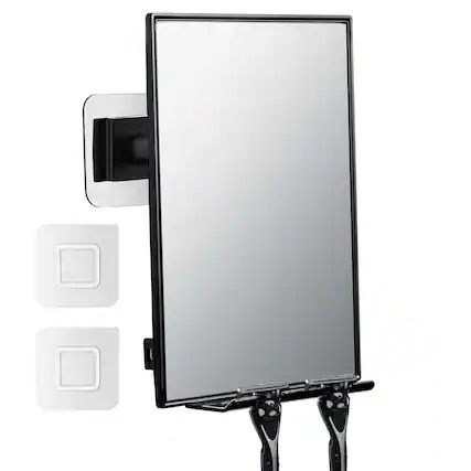 Front. Dazzed Corner - 360° Adjustable Shower Mirror with Squeegee & Dual Razor Holders, Easy Install - Black.