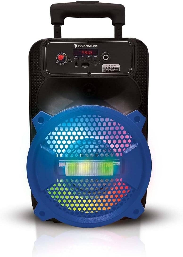 Stamp n Camp - Top Tech Rock-8 Fully Amplified Portable Bluetooth Speaker 8-Inch Woofer LED Lights 5-Hr Rechargeable Battery USB TF - Blue