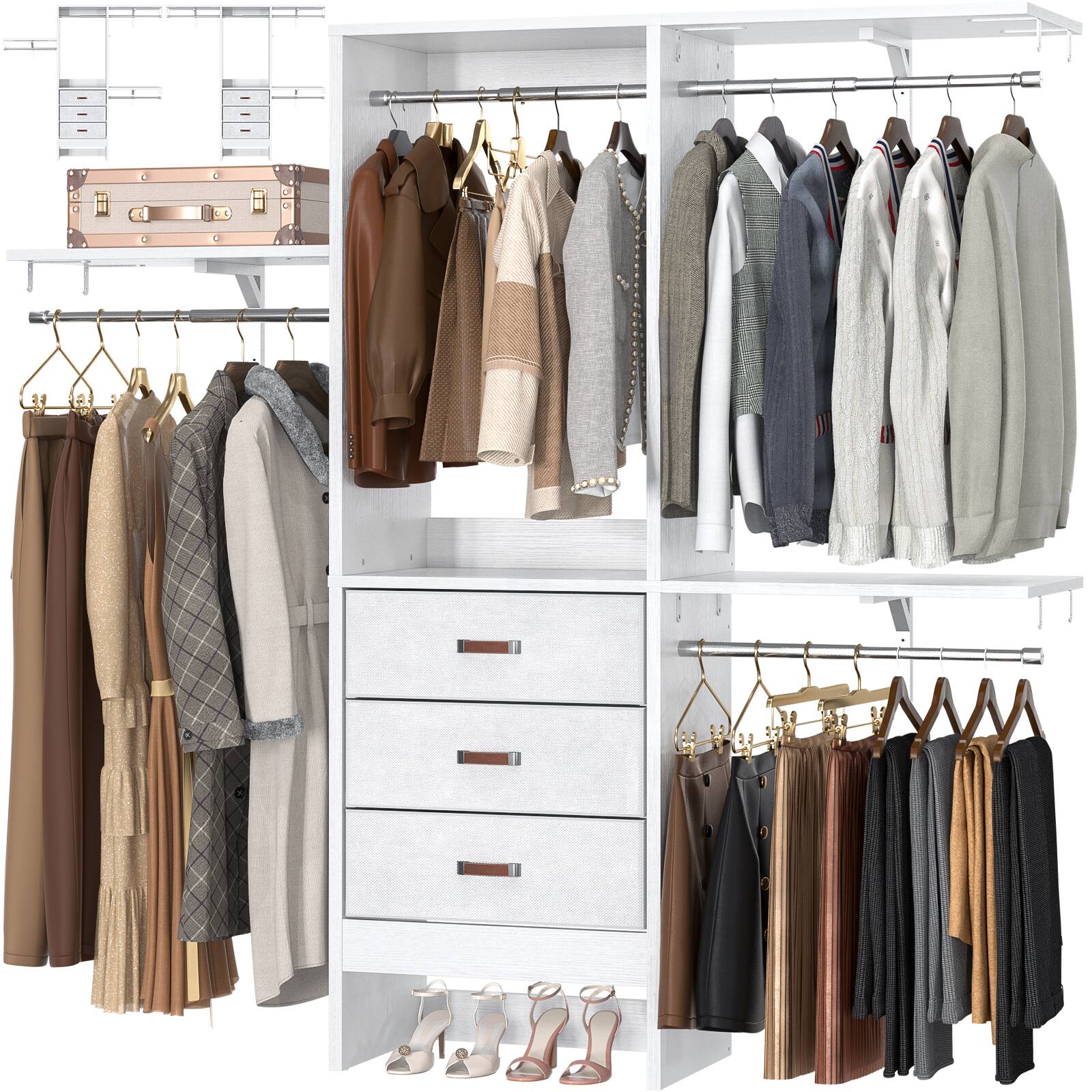 Left. Aheaplus - 60" Walk-in Closet Organizer: 3 Fabric Drawers, 3 Adjustable Shelves, Heavy Duty Garment Rack - 59"L x 16"W x 71"H - White.