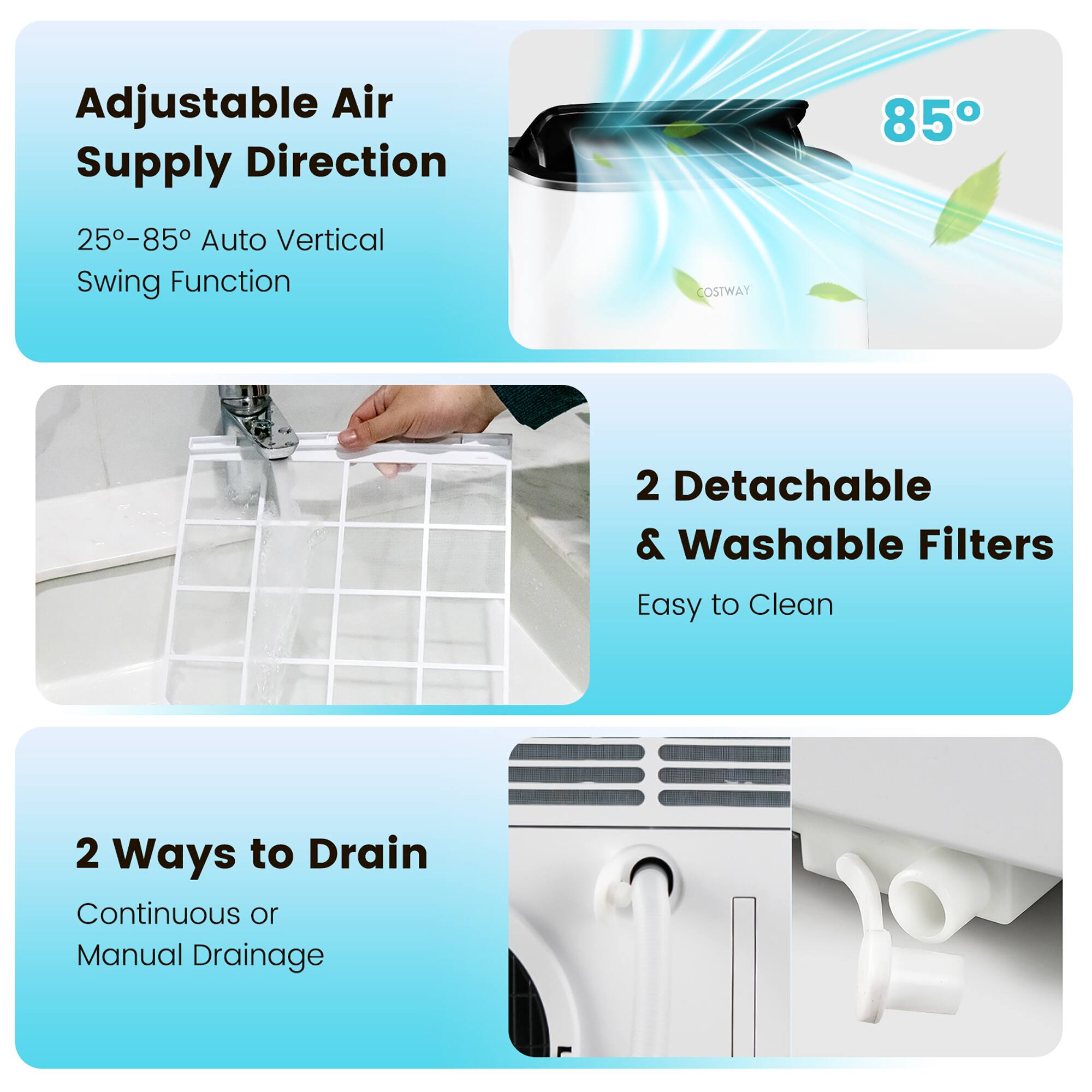Adjustable Air Supply Direction 85° 25-85° Auto Vertical Swing Function COSTWAY 2 Detachable & Washable Filters Easy to Clean 2 Ways to Drain Continuous or Manual Drainage