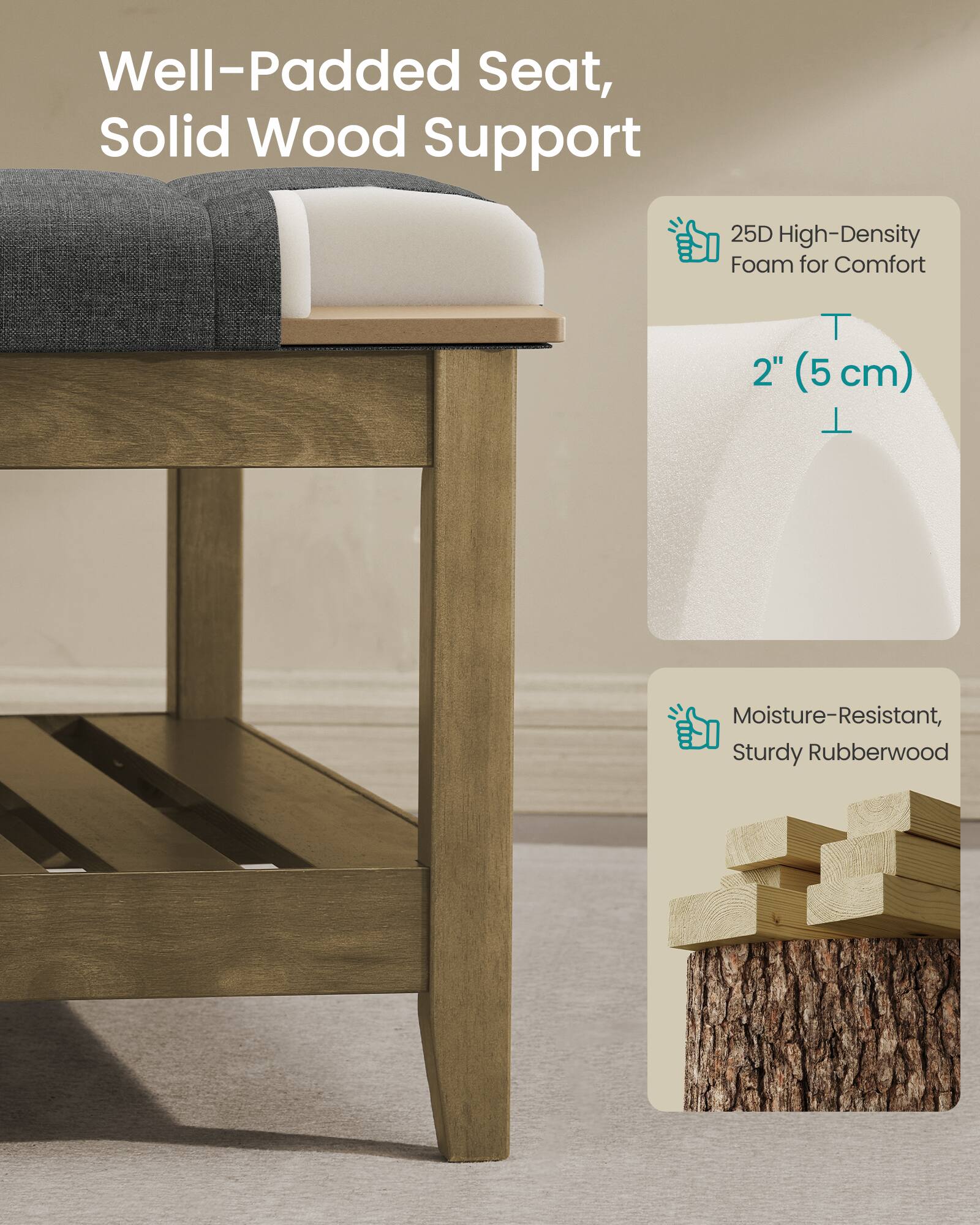 Well-Padded Seat, Solid Wood Support  
25D High-Density Foam for Comfort  
2" (5 cm)  
Moisture-Resistant, Sturdy Rubberwood