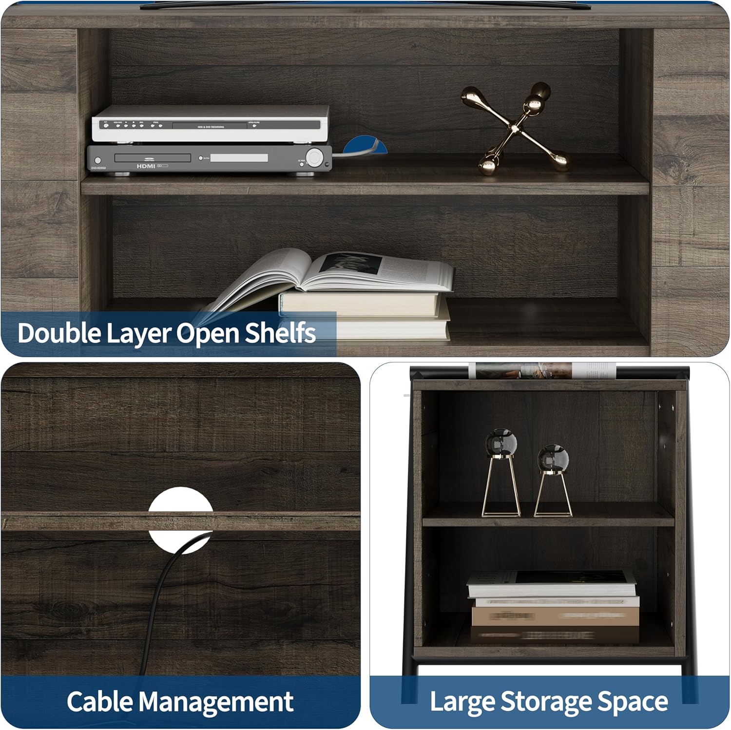 - Double Layer Open Shelves
- Cable Management
- Large Storage Space