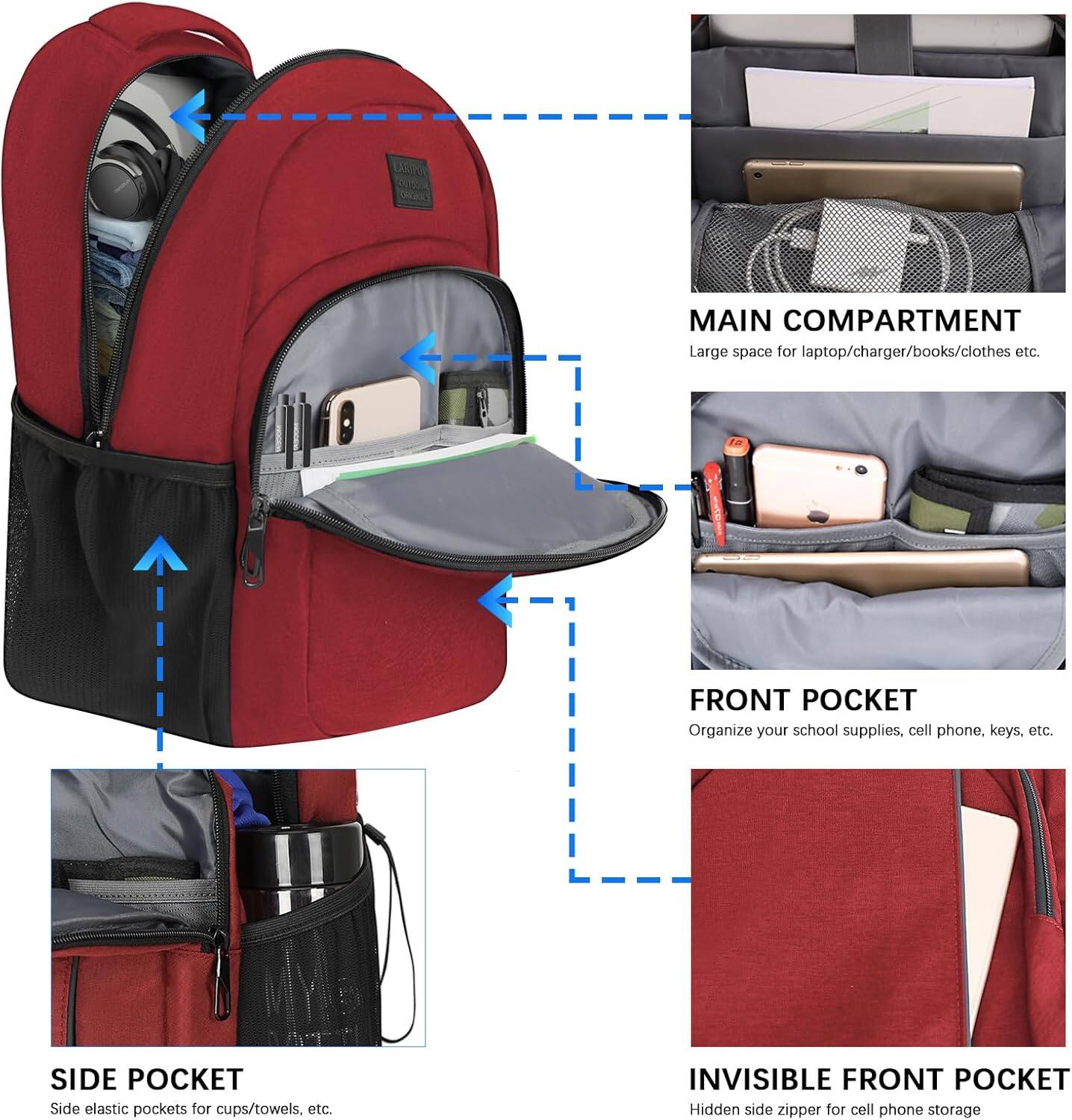MAIN COMPARTMENT  
Large space for laptop/charger/books/clothes etc.

FRONT POCKET  
Organize your school supplies, cell phone, keys, etc.

SIDE POCKET  
Side elastic pockets for cups/towels, etc.

INVISIBLE FRONT POCKET  
Hidden side zipper for cell phone storage