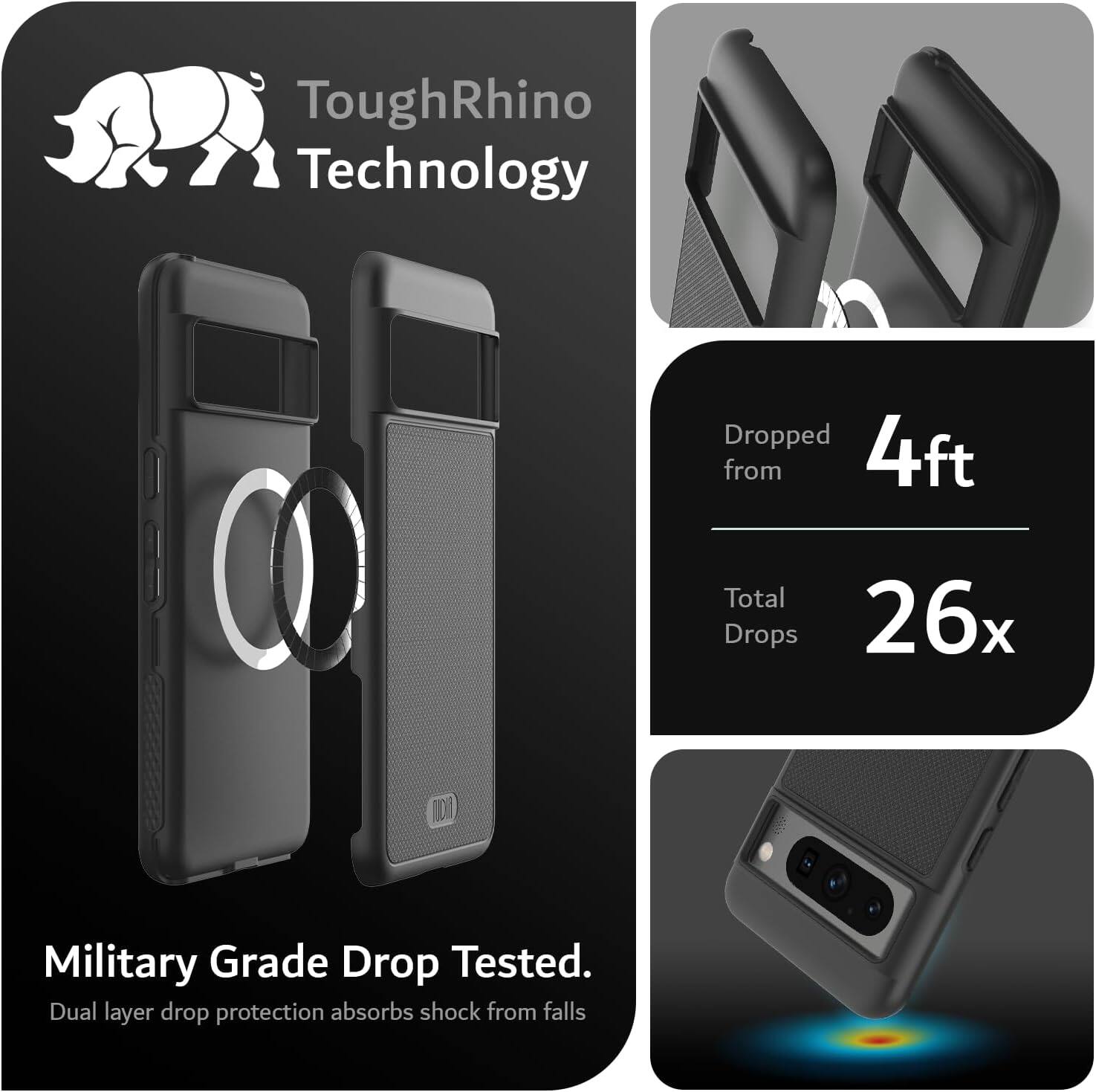 ToughRhino Technology

Military Grade Drop Tested  
Dual layer drop protection absorbs shock from falls

Dropped from 4ft  
Total Drops 26x