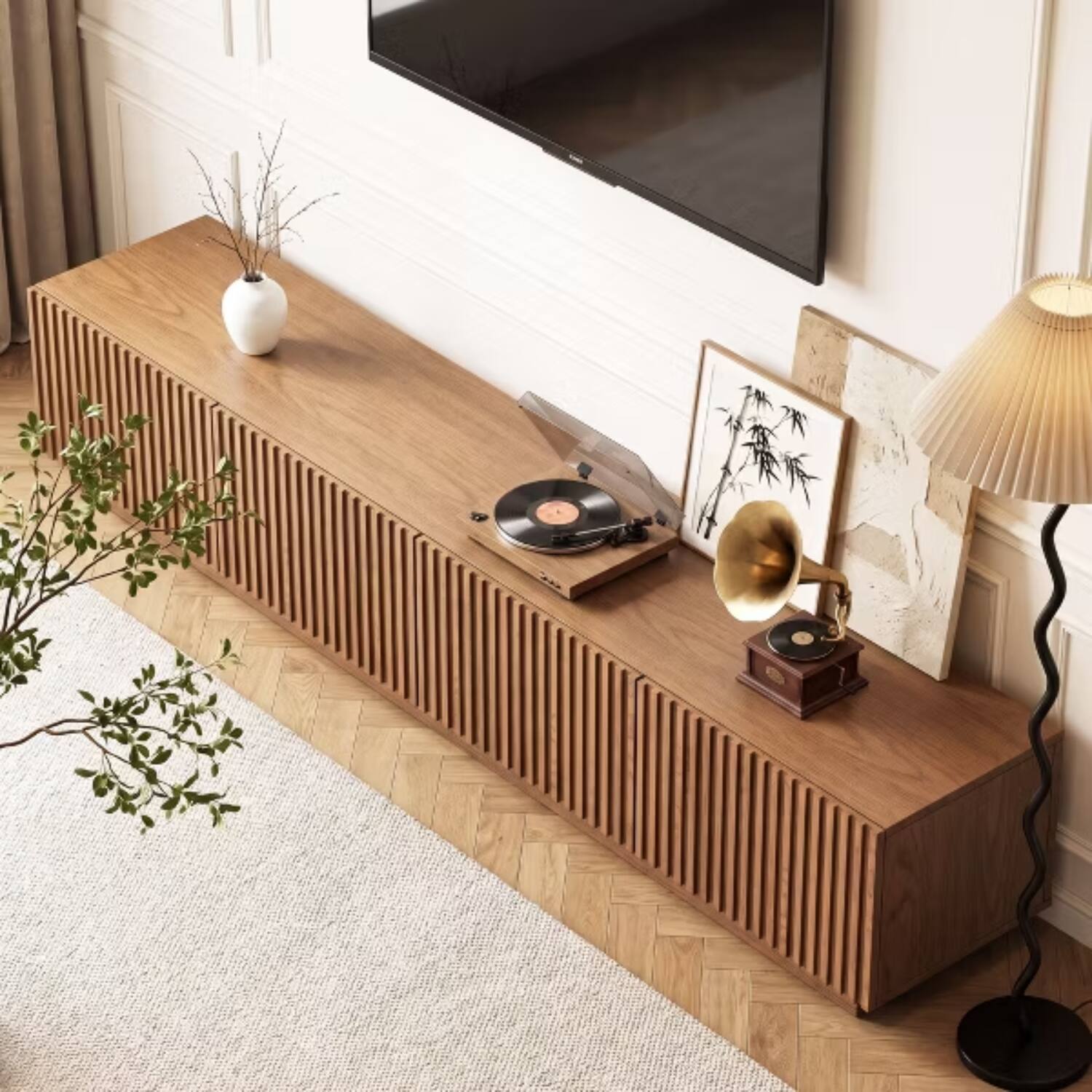 Alt View 1. luck idea - 86.6" Mid-Century Modern Fluted Wood TV Stand for TVs Up to 90", Walnut Media Console with Removable Shelf & Storage - BROWN.