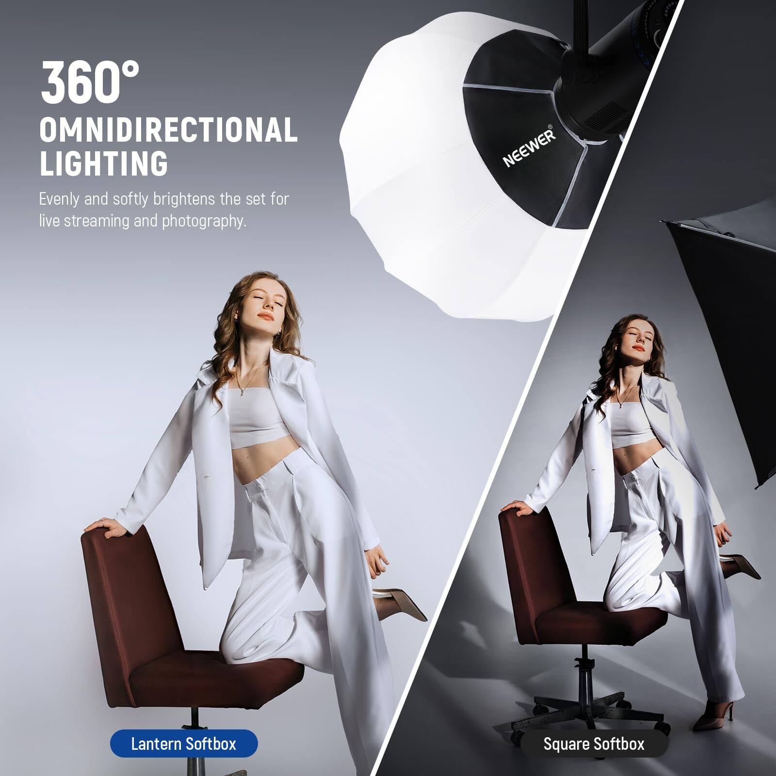 360° OMNIDIRECTIONAL LIGHTING  
Evenly and softly brightens the set for live streaming and photography.  

NEEWER Lantern Softbox  
Square Softbox