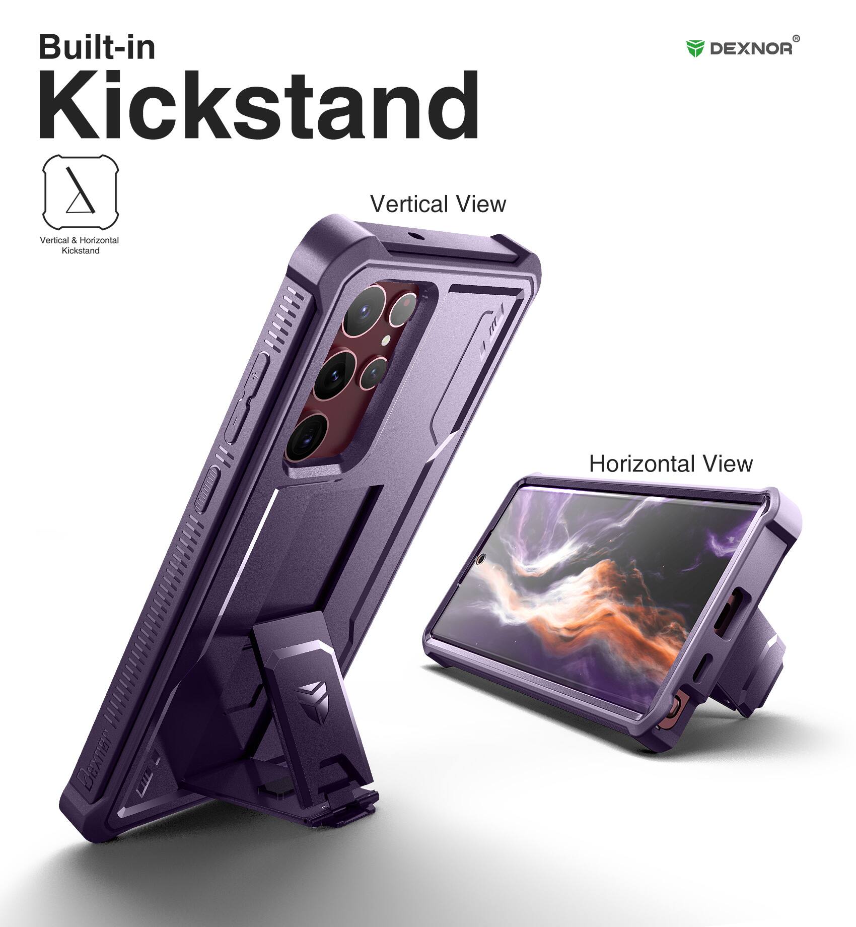 Built-in Kickstand, Vertical View, Vertical & Horizontal Kickstand, DEXNOR, Horizontal View, BExnBr