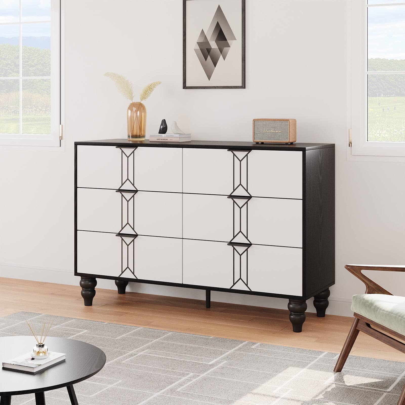 Back. GARVEE - Black-White 6-Drawer Scroll Pattern Chest, Stylish Bedroom or Office Storage, Elegant Storage Solution - White.