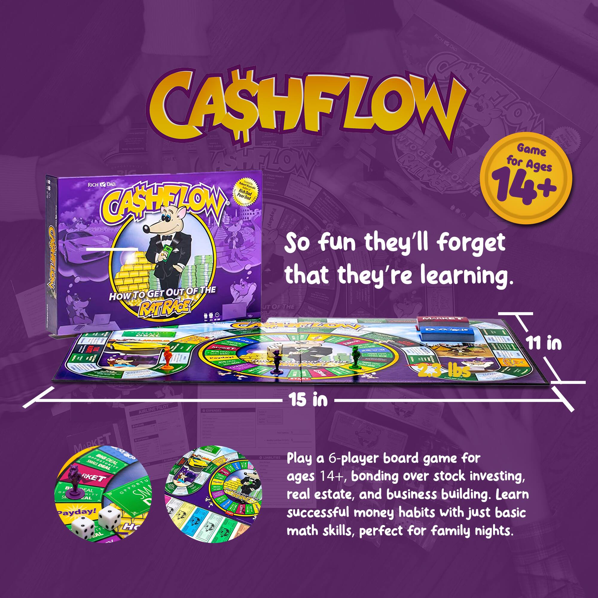 RICH DAD CASHFLOW ISMALON #CRAG WTOGET GET CANNELOW OUT for Game Ages RICH CONFORK DAD Poor-God Rich-Dead Balam.Kynalic - RATRAGE OUTOF THE 14+ Payday! So fun they'll forget that they're learning. OUT OF THE How TO GET "RARKE! UTOFTHE MARKET FLOW Doxieria WAY IIIIIIII 11 in TITES MARKET BIG SMALL DEAL DEAL RKET SN AL EAL MITY OPPORTU SM Payday! Ho AL EXPENSES 15 in LABUTES

Play a 6-player board game for game ages 14+, bonding over stock investing, real estate, and business building. Learn successful money habits with just basic math skills, perfect for family nights.