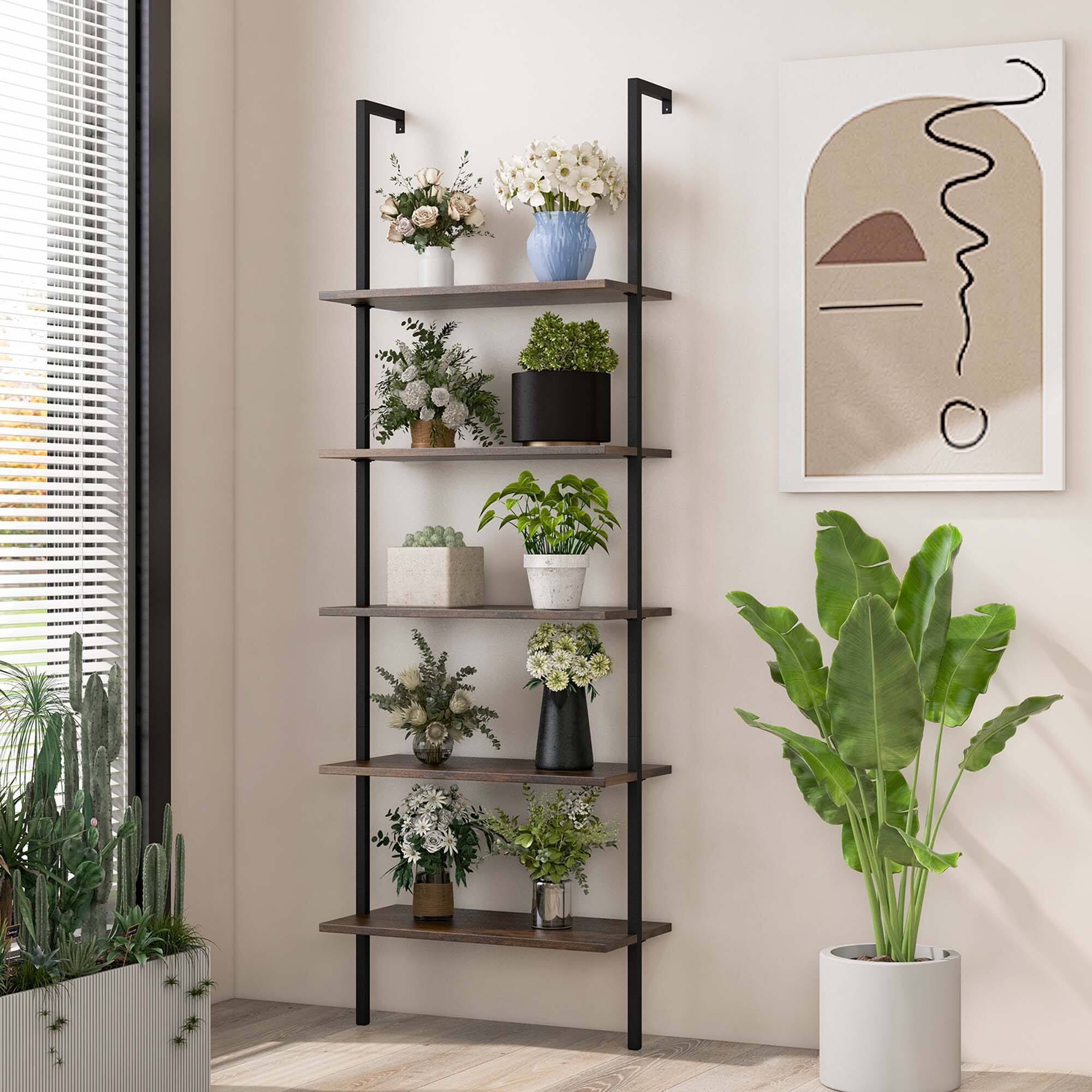 Left. Costway - 5 Tier Ladder Shelf 71'' Height Wall-Mounted Bookshelf Display Storage Organizer Brown - Brown.