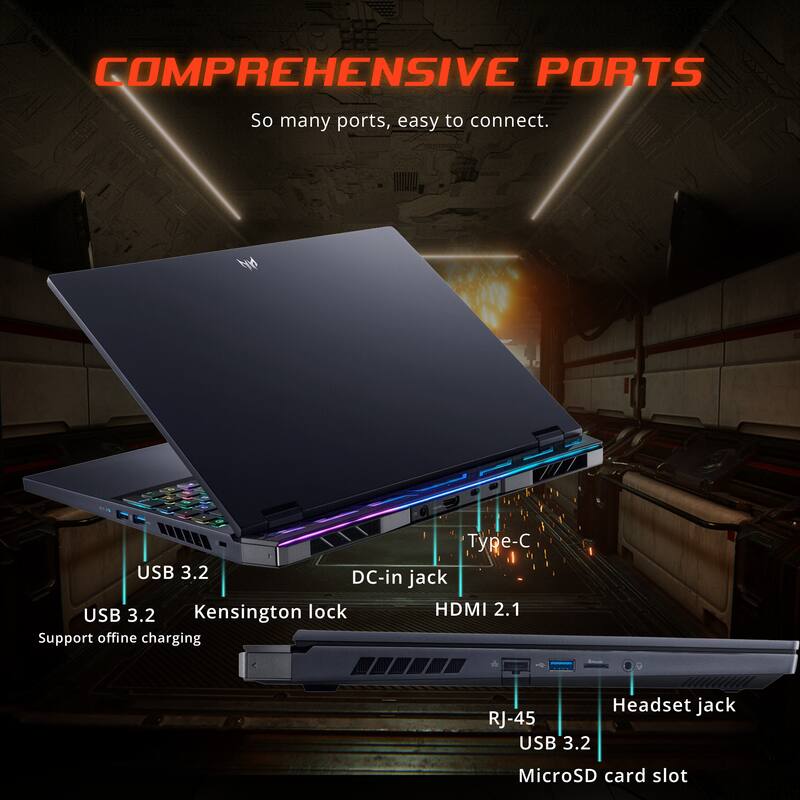 COMPREHENSIVE PORTS  
So many ports, easy to connect.  

- Type-C  
- USB 3.2  
- DC-in jack  
- Kensington lock  
- HDMI 2.1  
- Headset jack  
- RJ-45  
- USB 3.2  
- MicroSD card slot  

Support offline charging