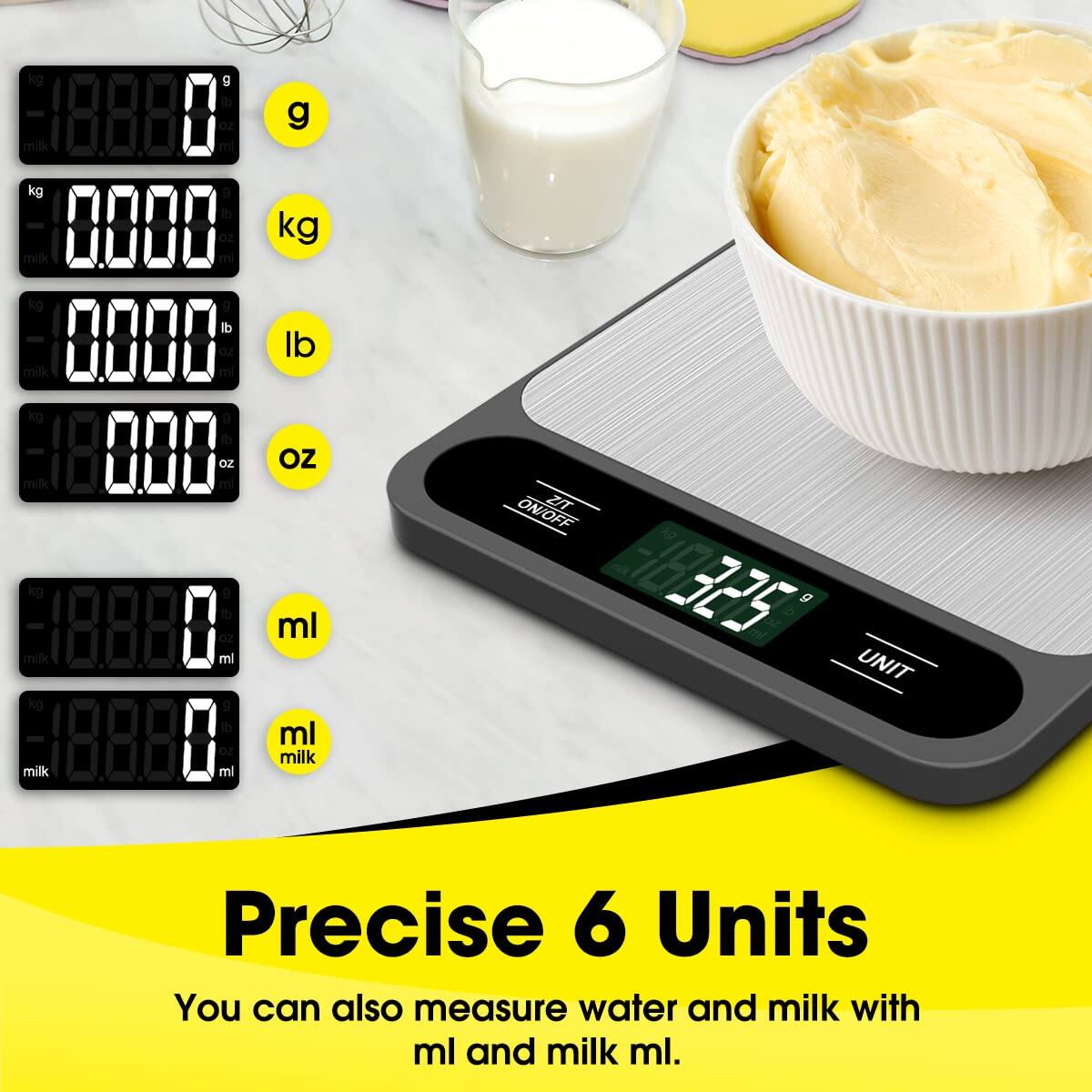 Precise 6 Units

You can also measure water and milk with ml and milk ml.