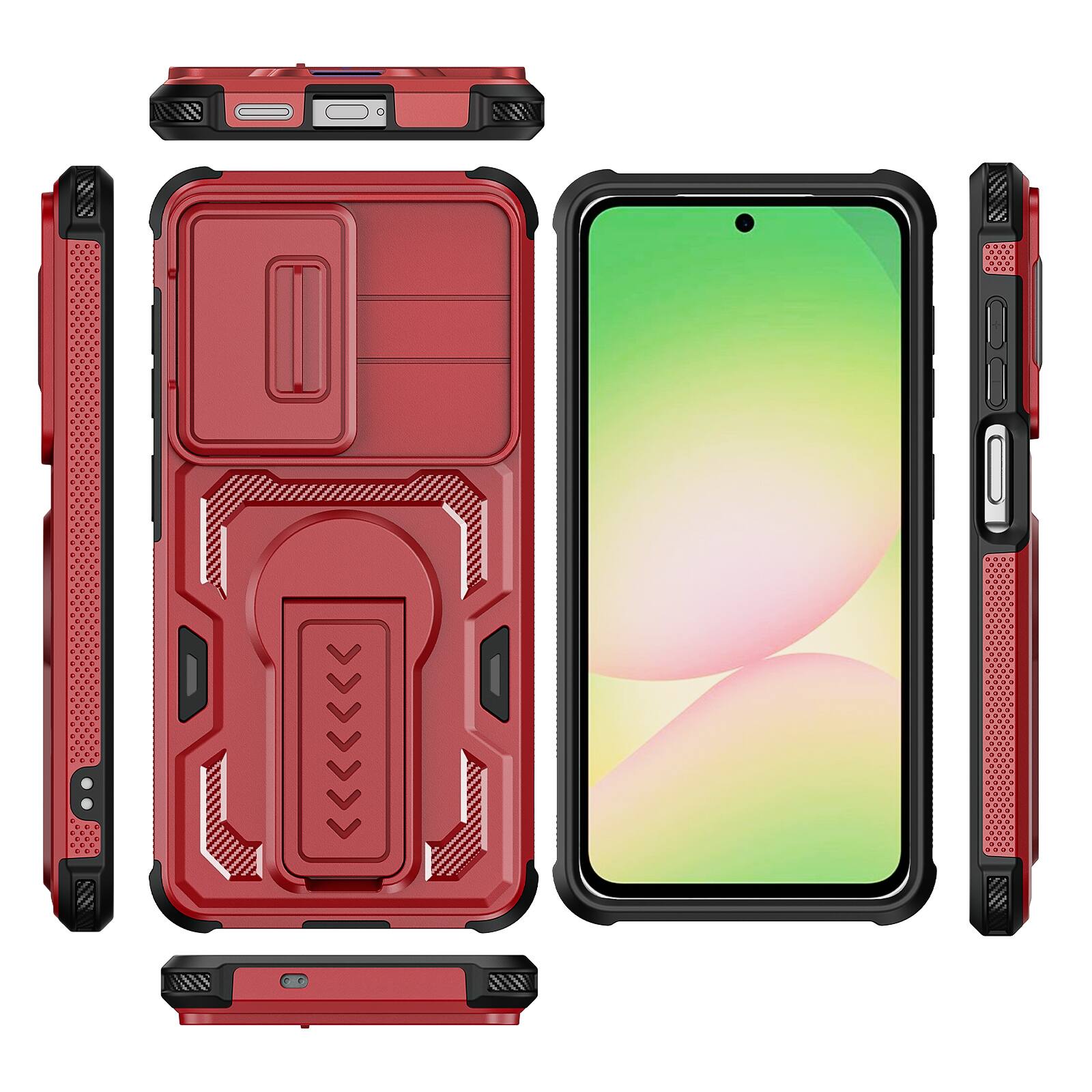 Alt View 4. Dteck - Rugged Stand Case for Samsung Galaxy S26,Shockproof Heavy Duty Cover With Sliding Lens Cover+Tempered Glass Flim - Red.