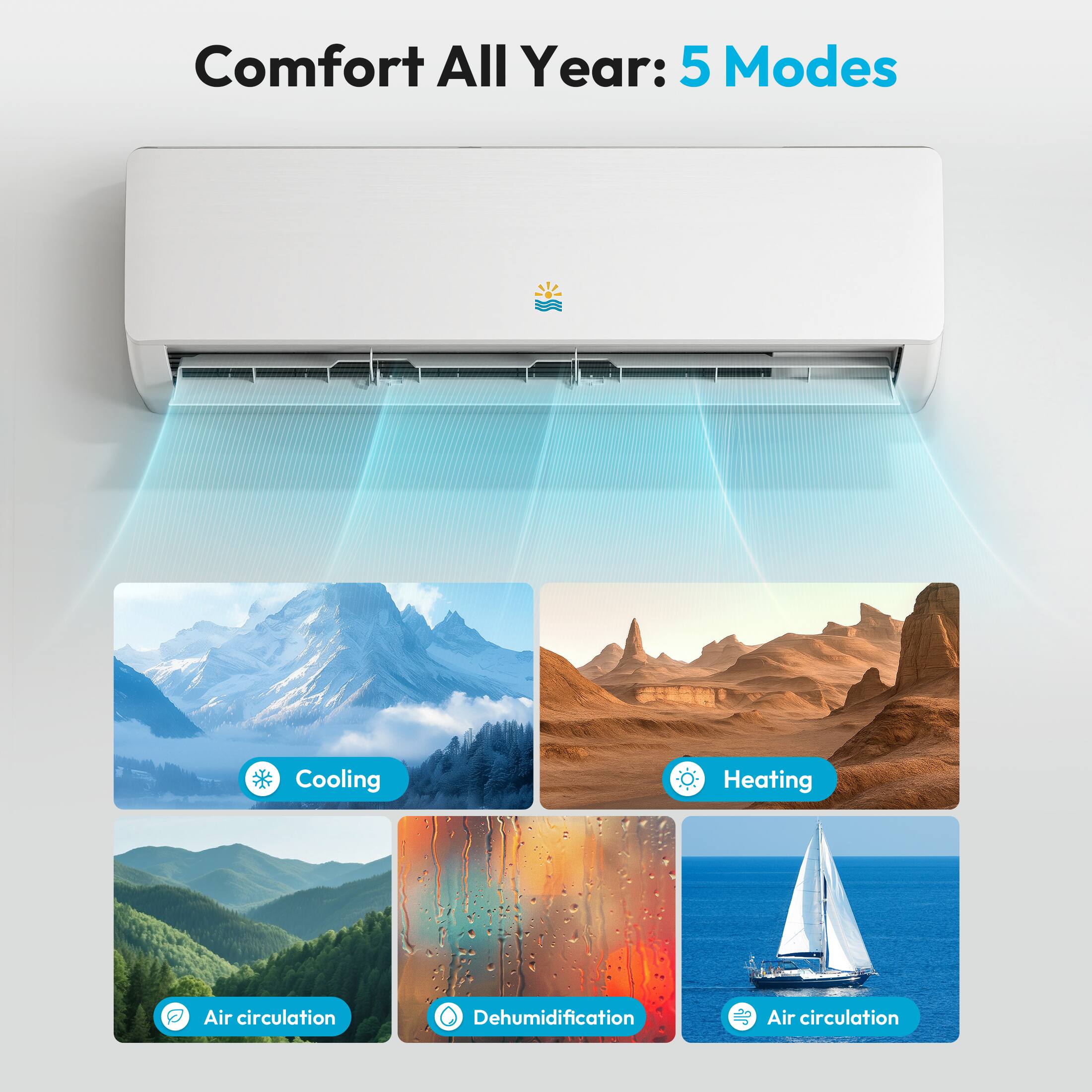 Comfort All Year: 5 Modes
Cooling
Heating
Air circulation
Dehumidification
Air circulation