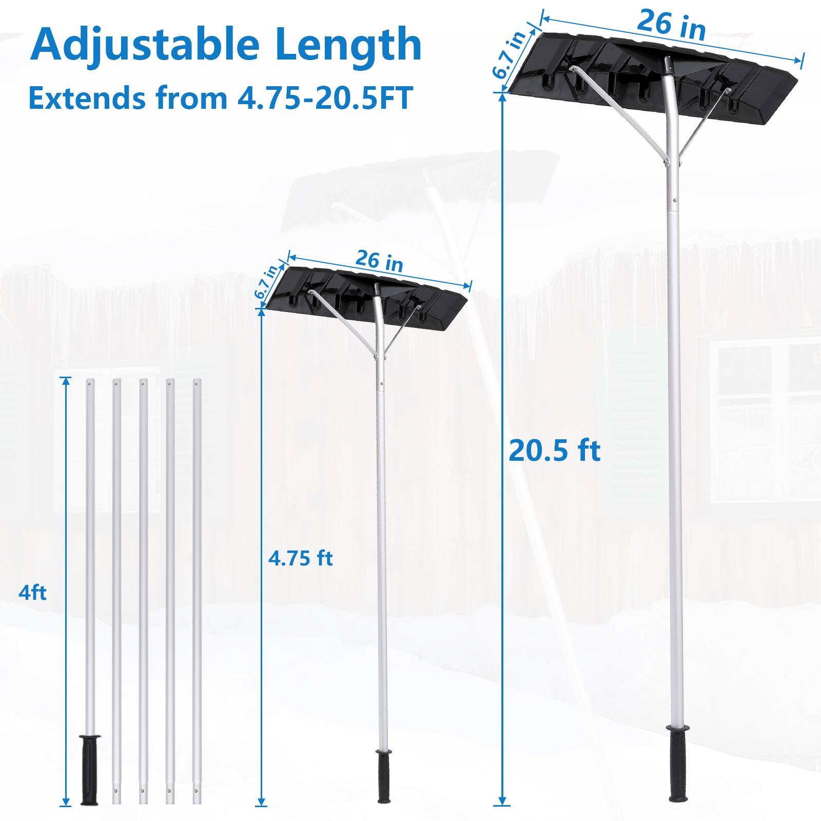Adjustable Length: Extends from 4.75-20.5 ft. Dimensions: 6.7 in (width) x 26 in (depth).