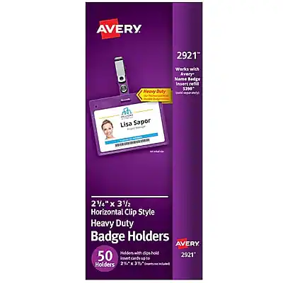 AVERY
2921
Heavy Duty
Works with Avery Name Badge Insert refill 5390
Lisa Sapor
2 1/4" x 3 1/2"
Horizontal Clip Style
Heavy Duty Badge Holders
50 Holders with dips hold 2 1/4" x 3 1/2" inserts