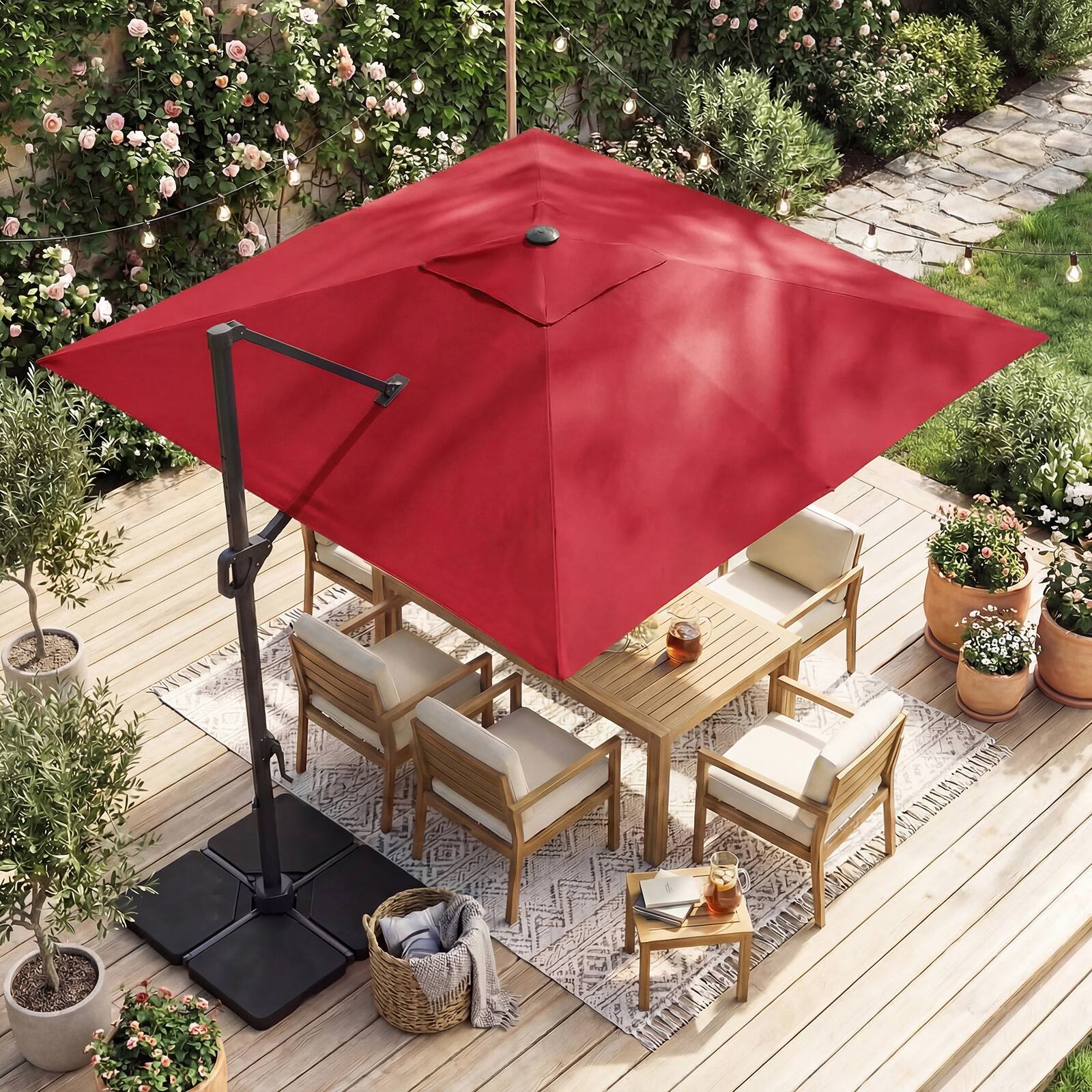 Alt View 1. Gymax - Gymax 10 FT Cantilever Outdoor Umbrella w/ 32 Solar LED Lights & 220 LBS Base Wine & Black - Red.