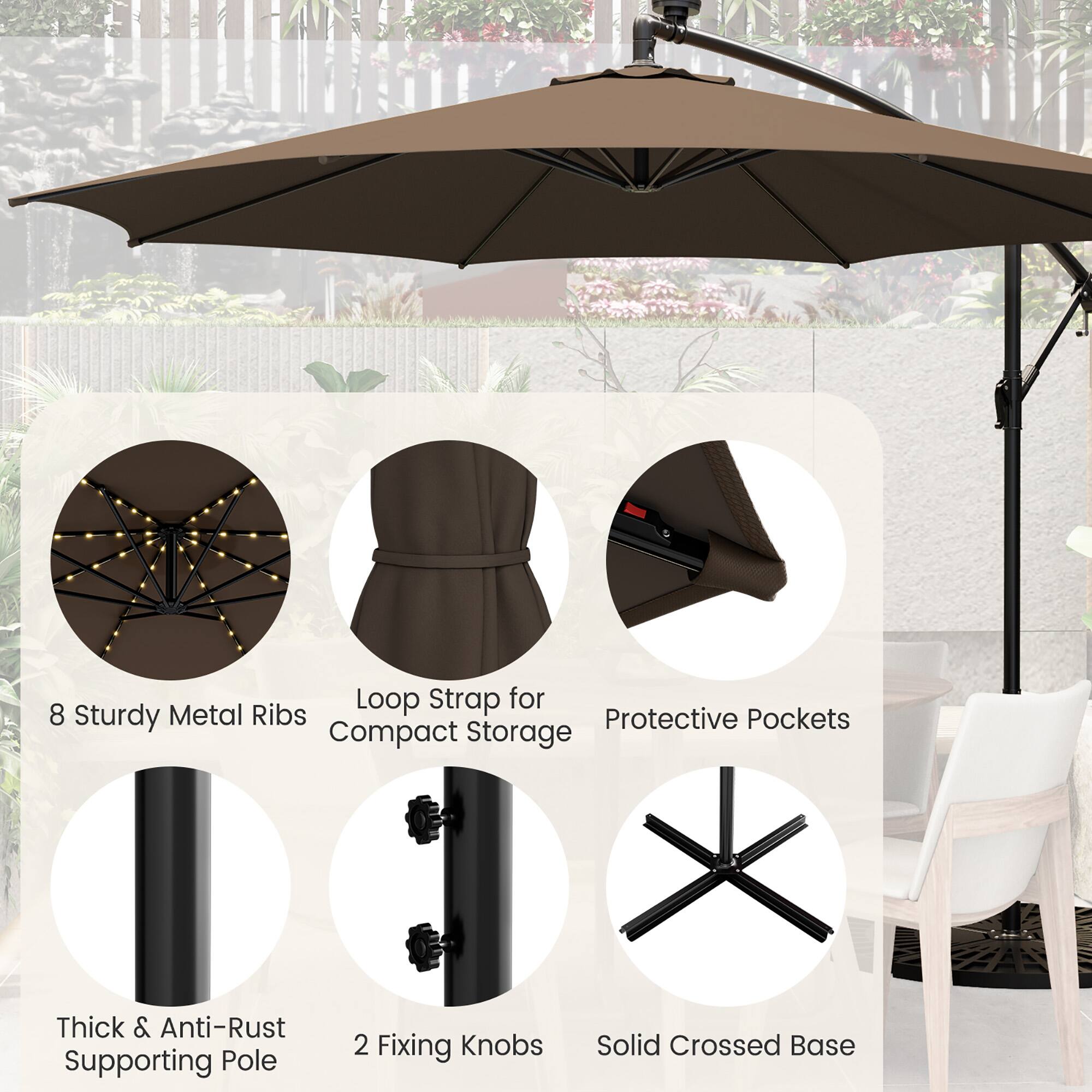 The image features a large umbrella with a loop strap for eight sturdy metal ribs, protective pockets, compact storage, and a thick & anti-rust supporting pole. There are also two fixing knobs and a solid crossed base. The umbrella is open and ready to use, providing shade and protection from the elements.
