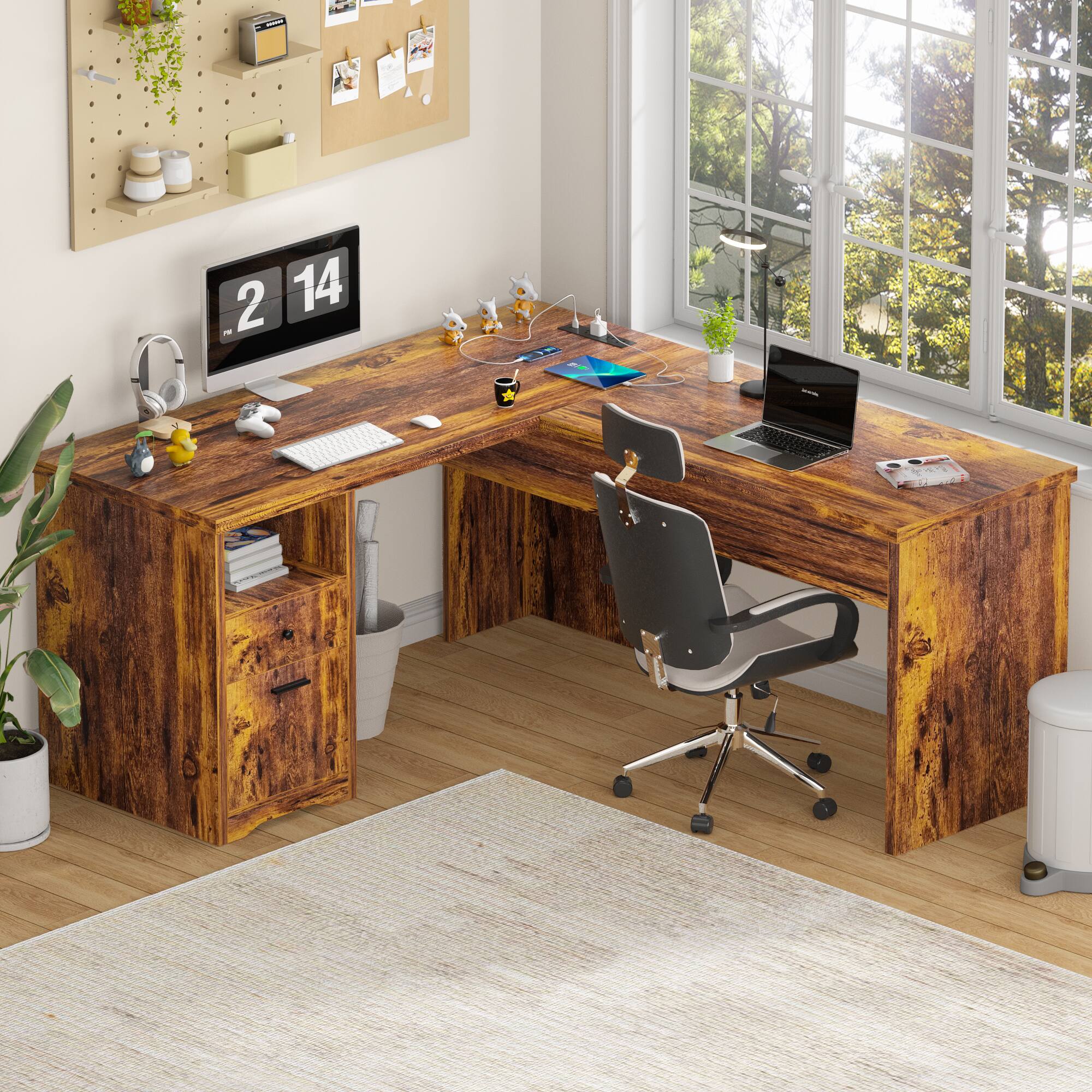 Angle. Aheaplus - 56'' Lift Top Computer Desk with Drawers and Power Outlets, Lift Top Executive Desk - Brown.