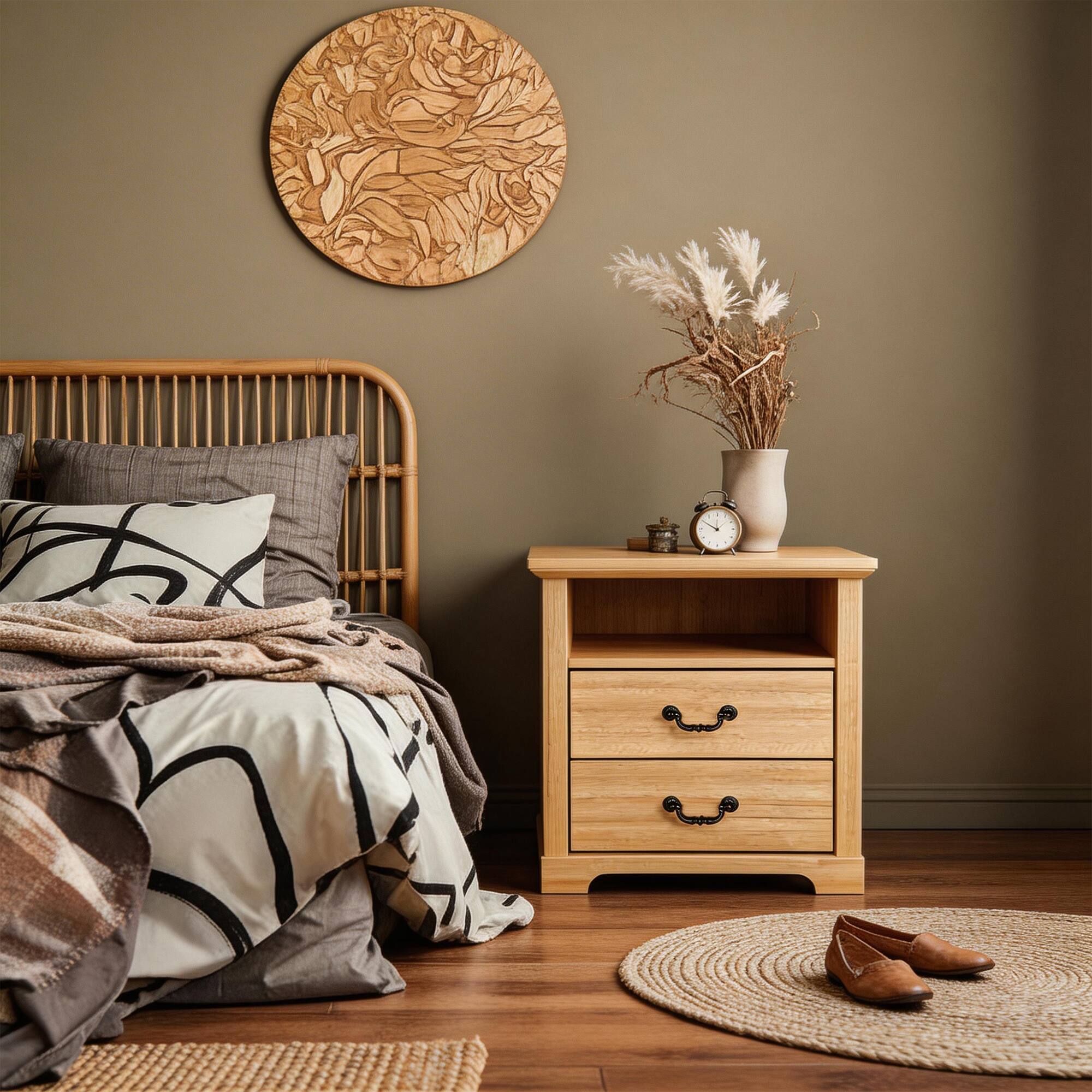 Left. Vaczon - Rustic Natural Nightstand Bedside Table with Open Shelf and 2 Drawers - Natural.