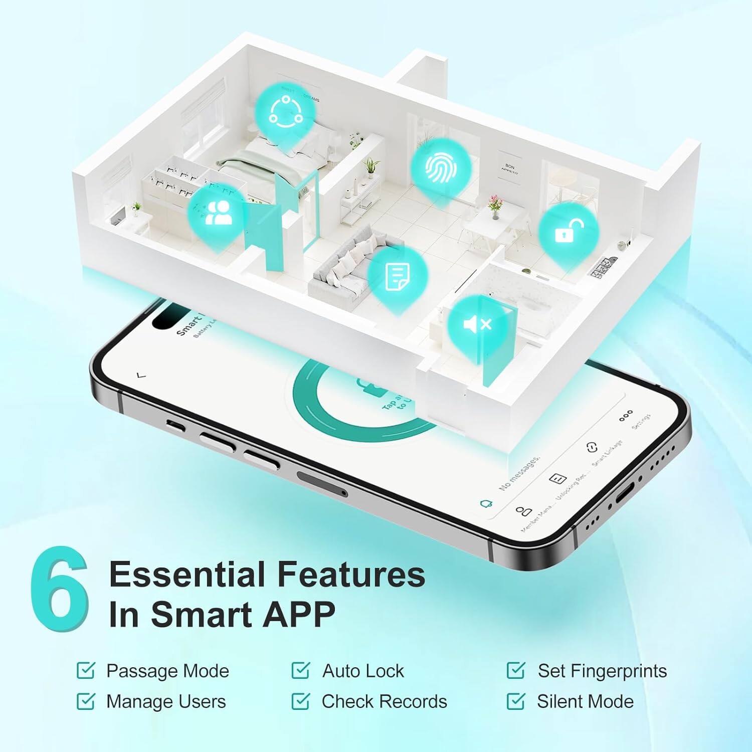 6 Essential Features In Smart APP

- Passage Mode
- Auto Lock
- Manage Users
- Check Records
- Set Fingerprints
- Silent Mode