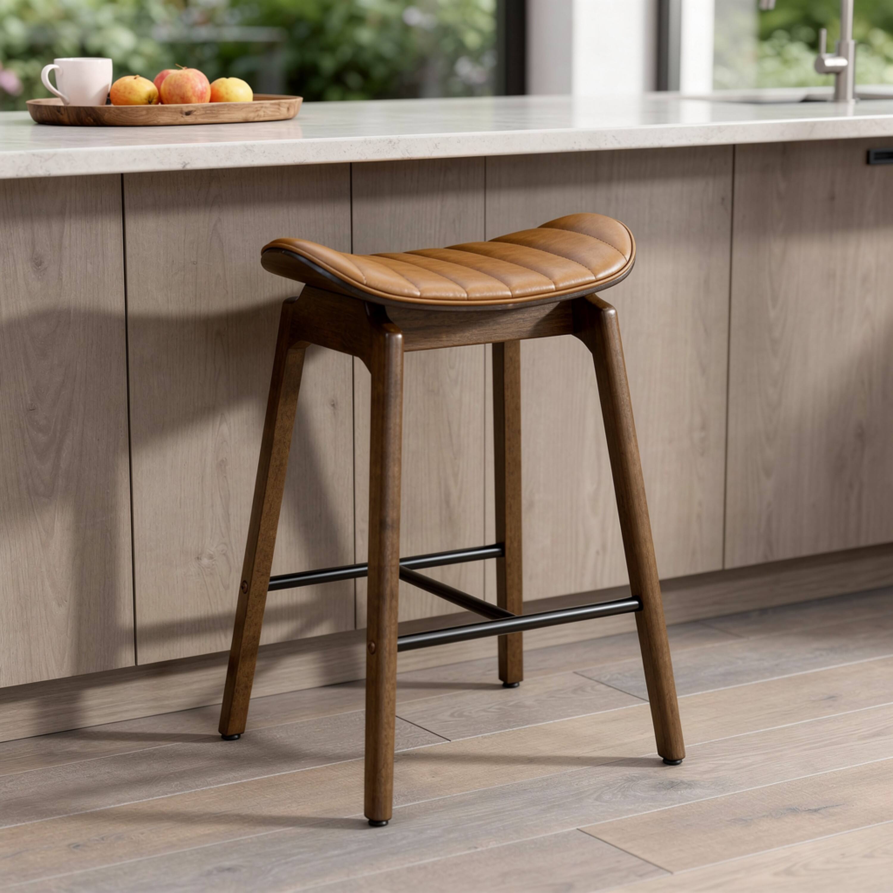 Alt View 4. Manhattan Lane - Amal Counter Height Stool Set of 2, Saddle Faux Leather Seat, Walnut - Walnut Brown, Black, Brown.
