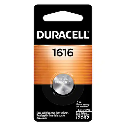DURACELL 1616 3V CR1616
DURACELL R KADE IN CHINA
Keep batteries away from children.
Tenir les piles hors de la portée des enfants.
3V Lithium battery
Pile au lithium
1 Battery/Pile
Best Before
Meilleur avant MAR 2032