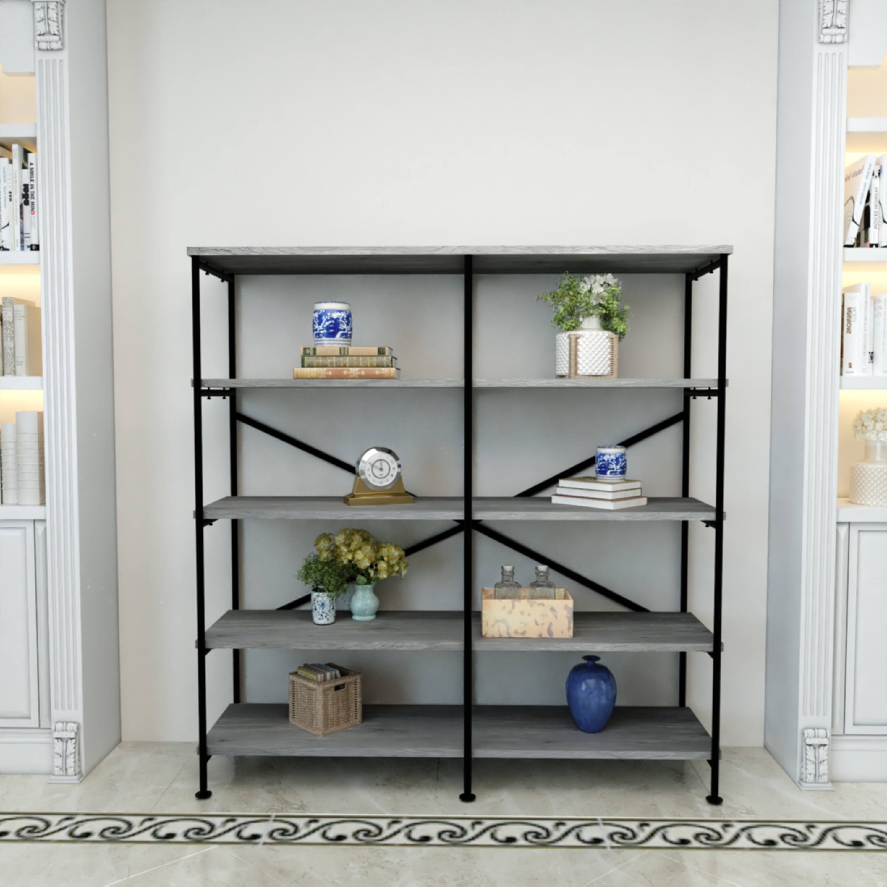 Alt View 10. Manhattan Lane - Olga 63 Inch Industrial 4 Tier Bookshelf, Particleboard, Metal Frame - Gray and Black.