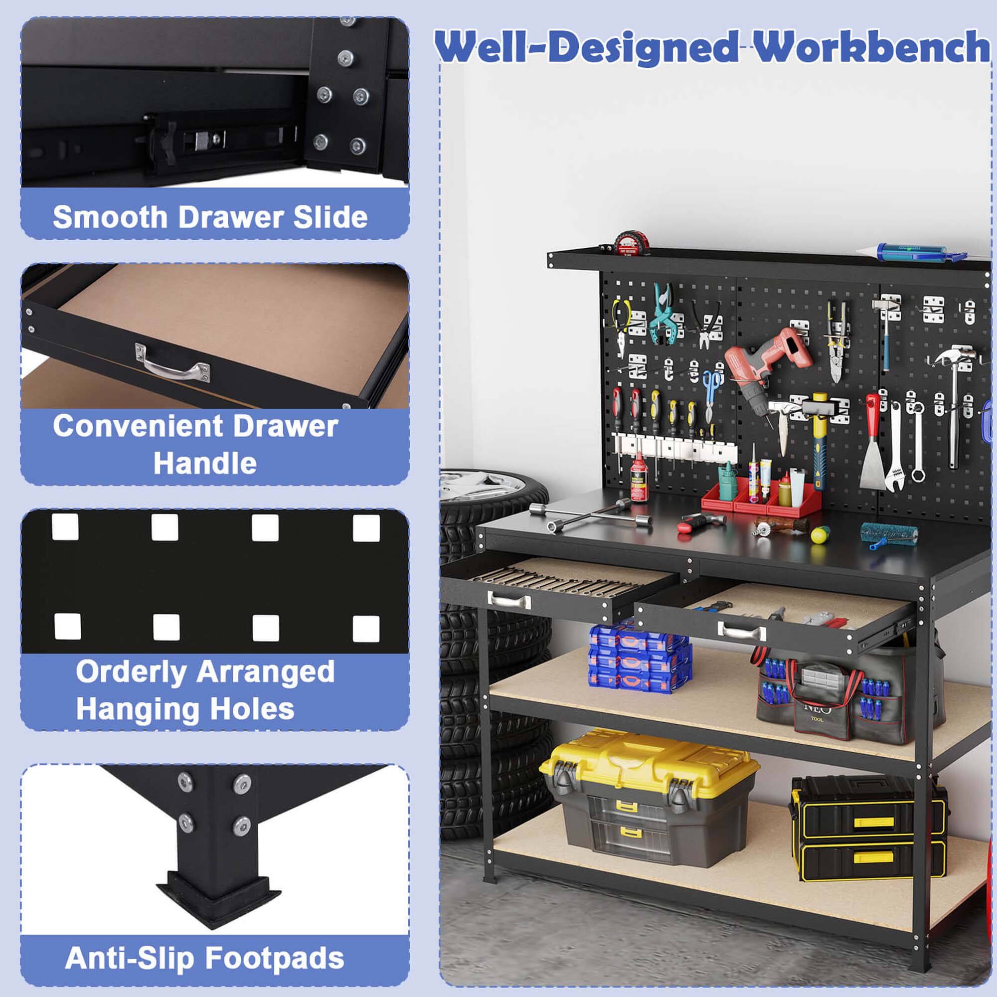 Well-Designed Workbench

- Smooth Drawer Slide
- Convenient Drawer Handle
- Orderly Arranged Hanging Holes
- Anti-Slip Footpads