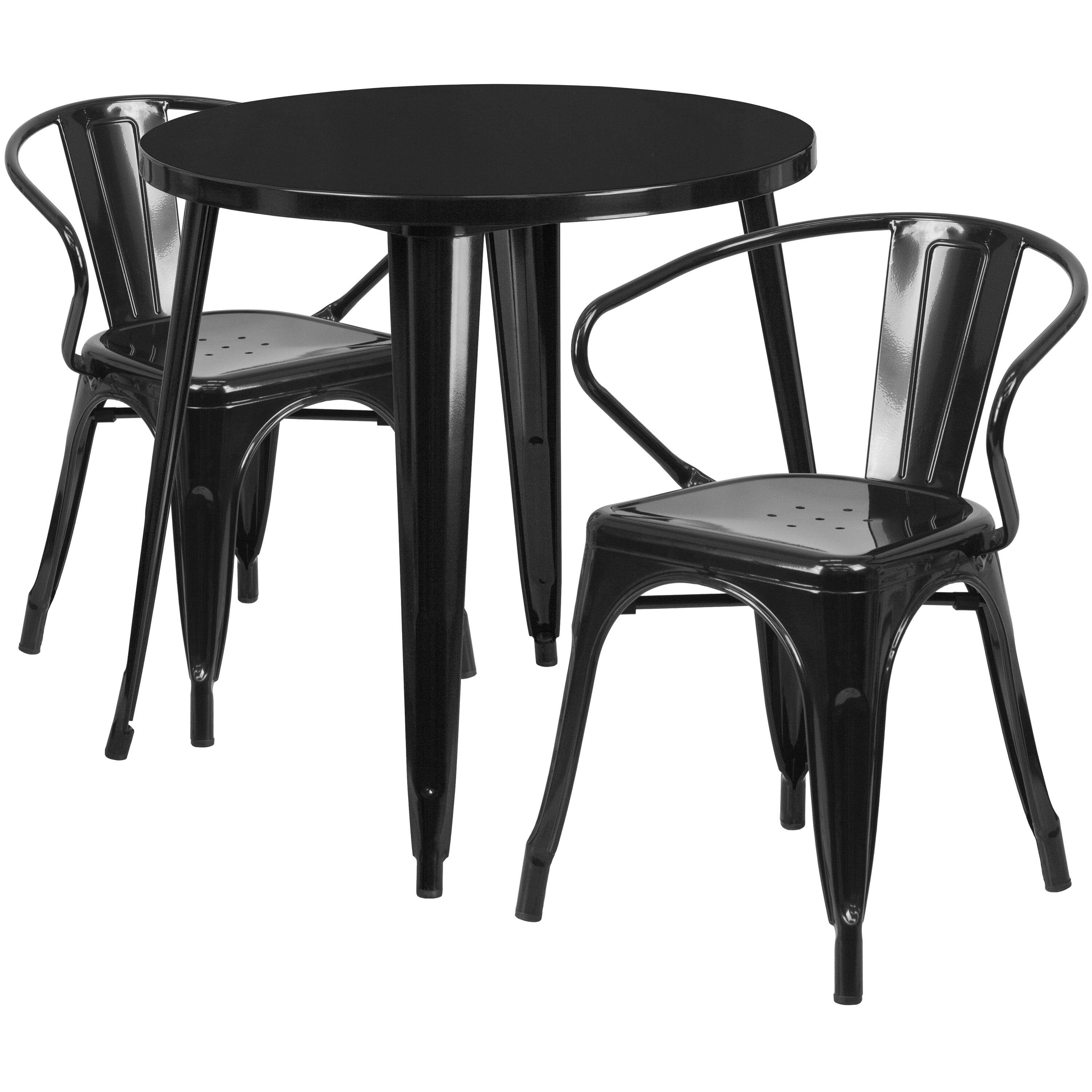 Alt View 1. Emma + Oliver - Commercial Grade 30" Round Metal Indoor-Outdoor Table Set with 2 Arm Chairs - Black.