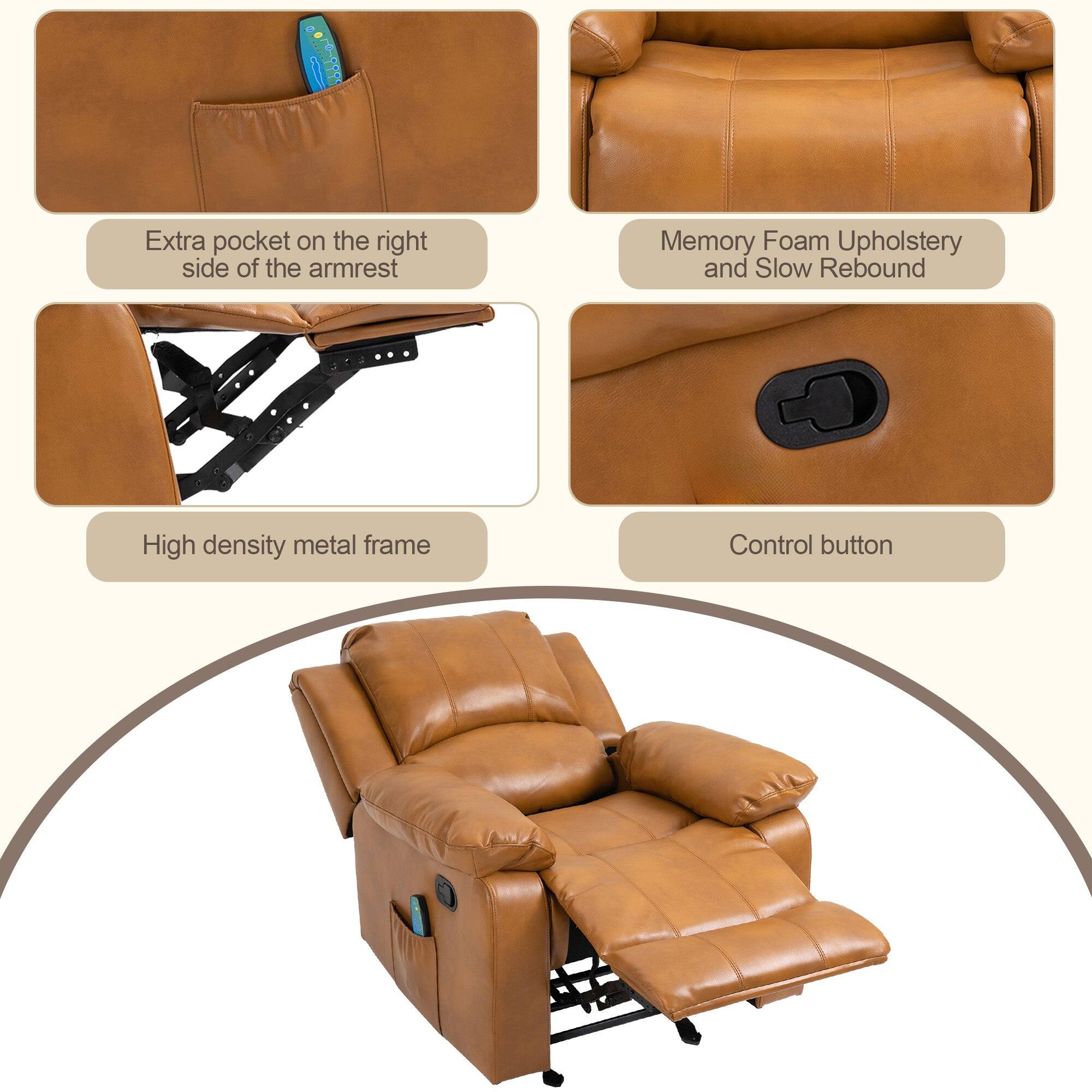 The image features a brown leather recliner with a control button, memory foam upholstery, and a high density metal frame. The recliner also has an extra pocket on the right side of the armrest.